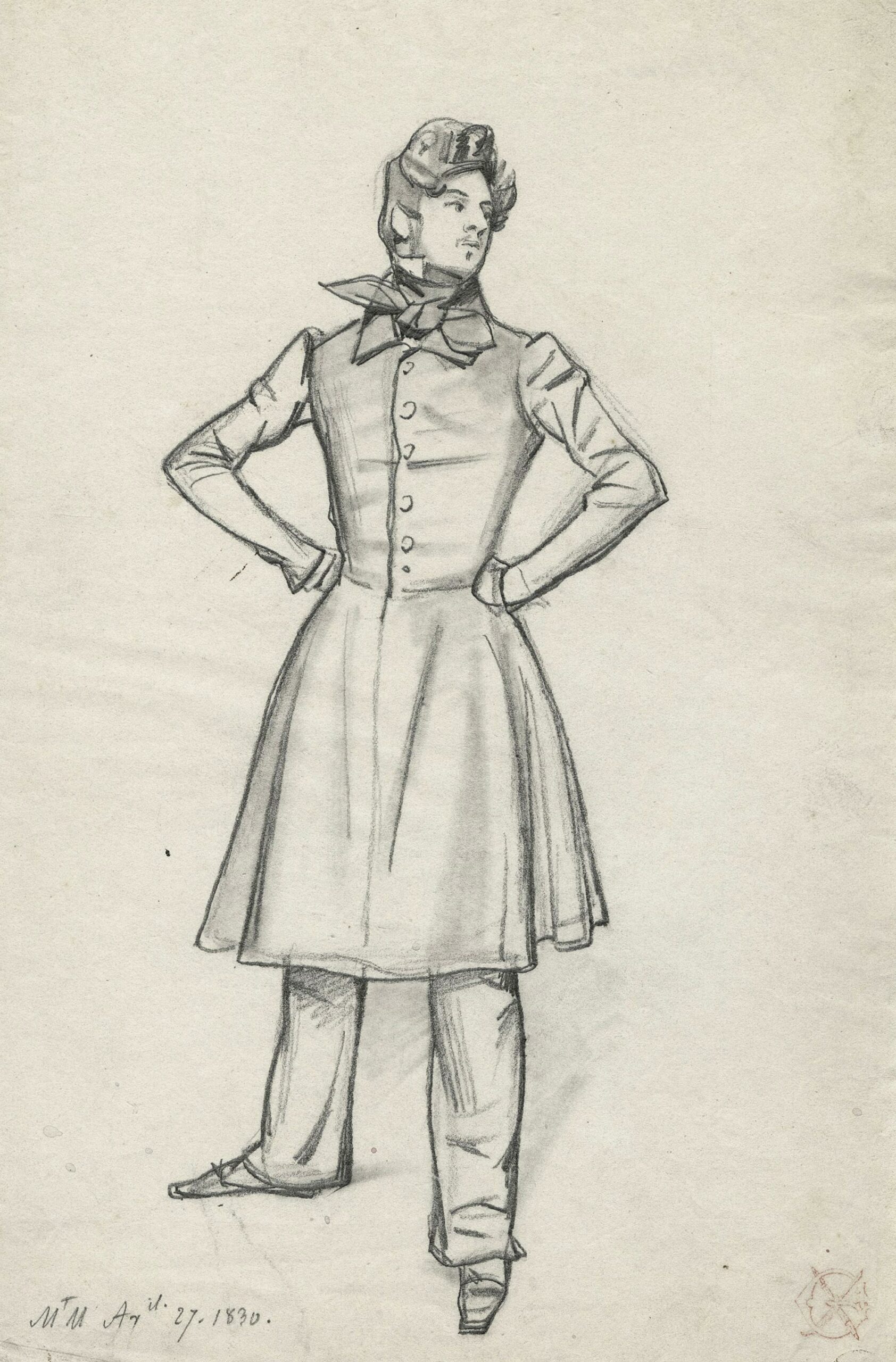 Étude d’homme en pied les mains sur les hanches