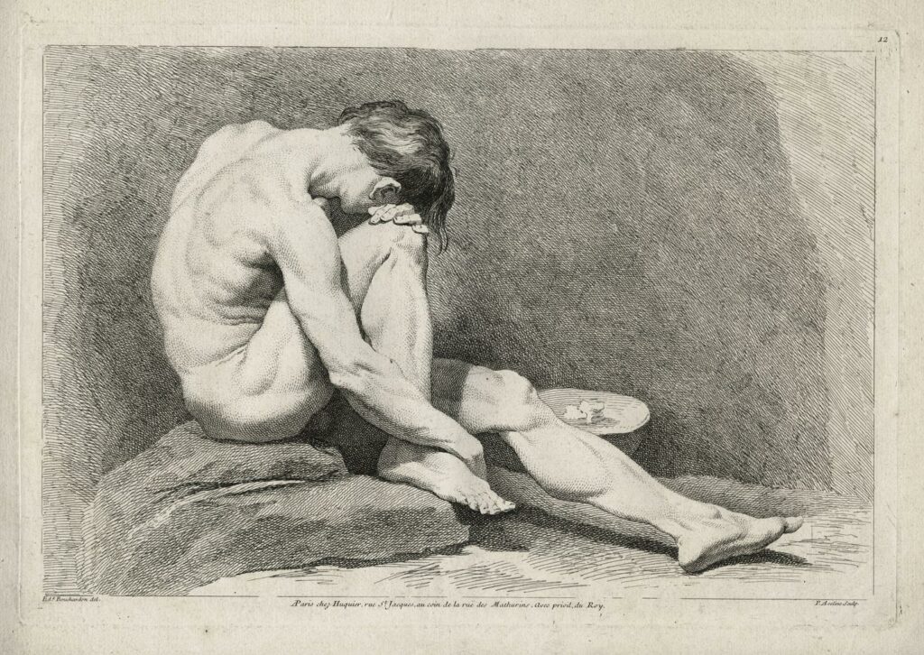 Bouchardon (d&rsquo;après) – Académie d’homme assis, la tête sur son genou droit