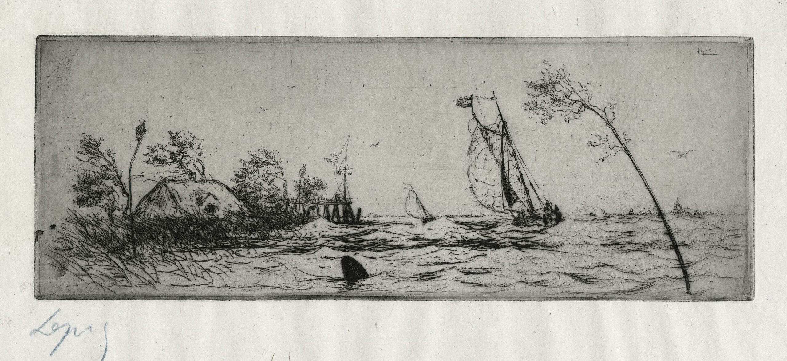 LEPIC Ludovic Napoléon Comte — Rivière avec navire et sémaphore