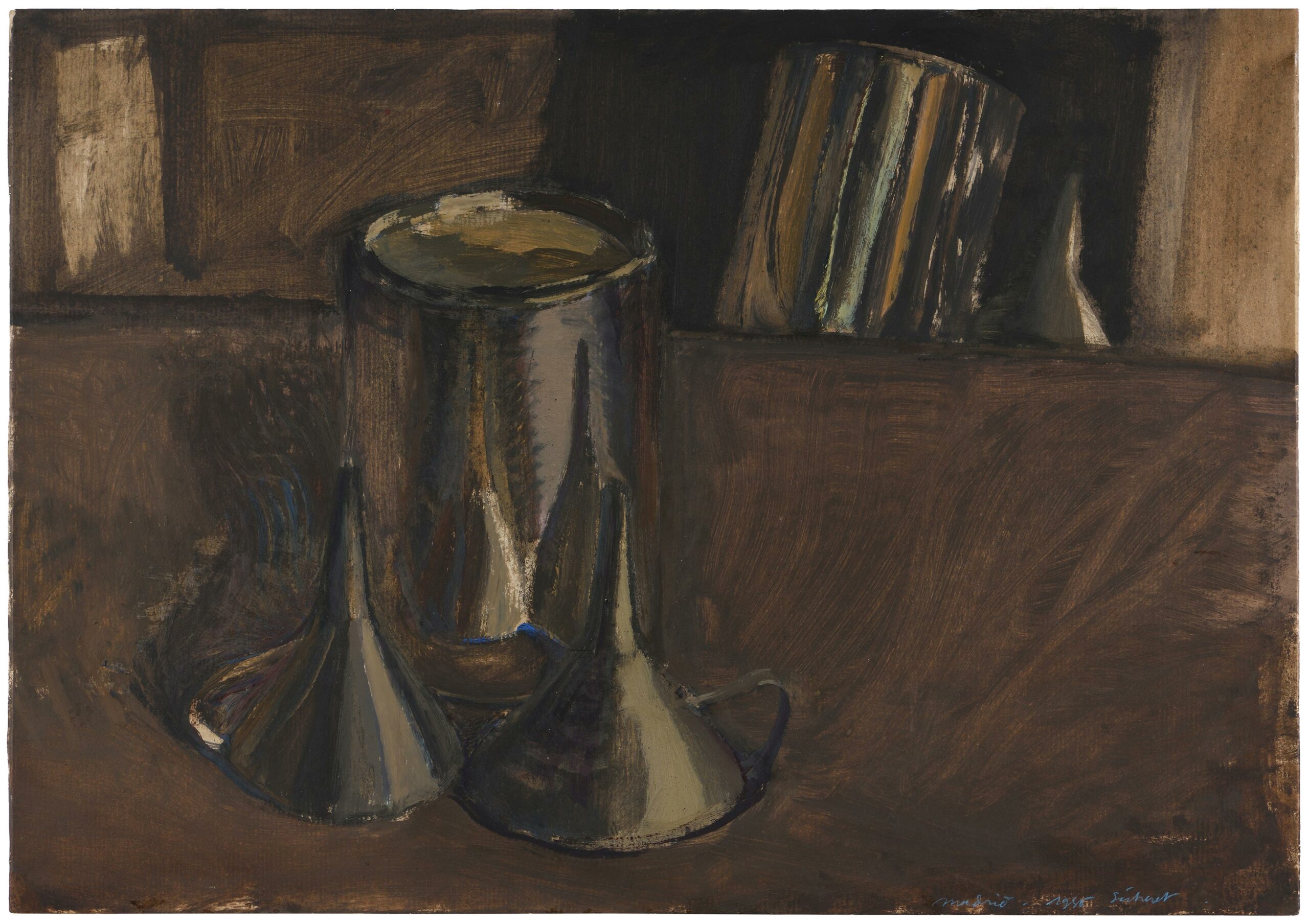 SÉCHERET Jean-Baptiste — Nature morte (entonnoirs, pot en métal)