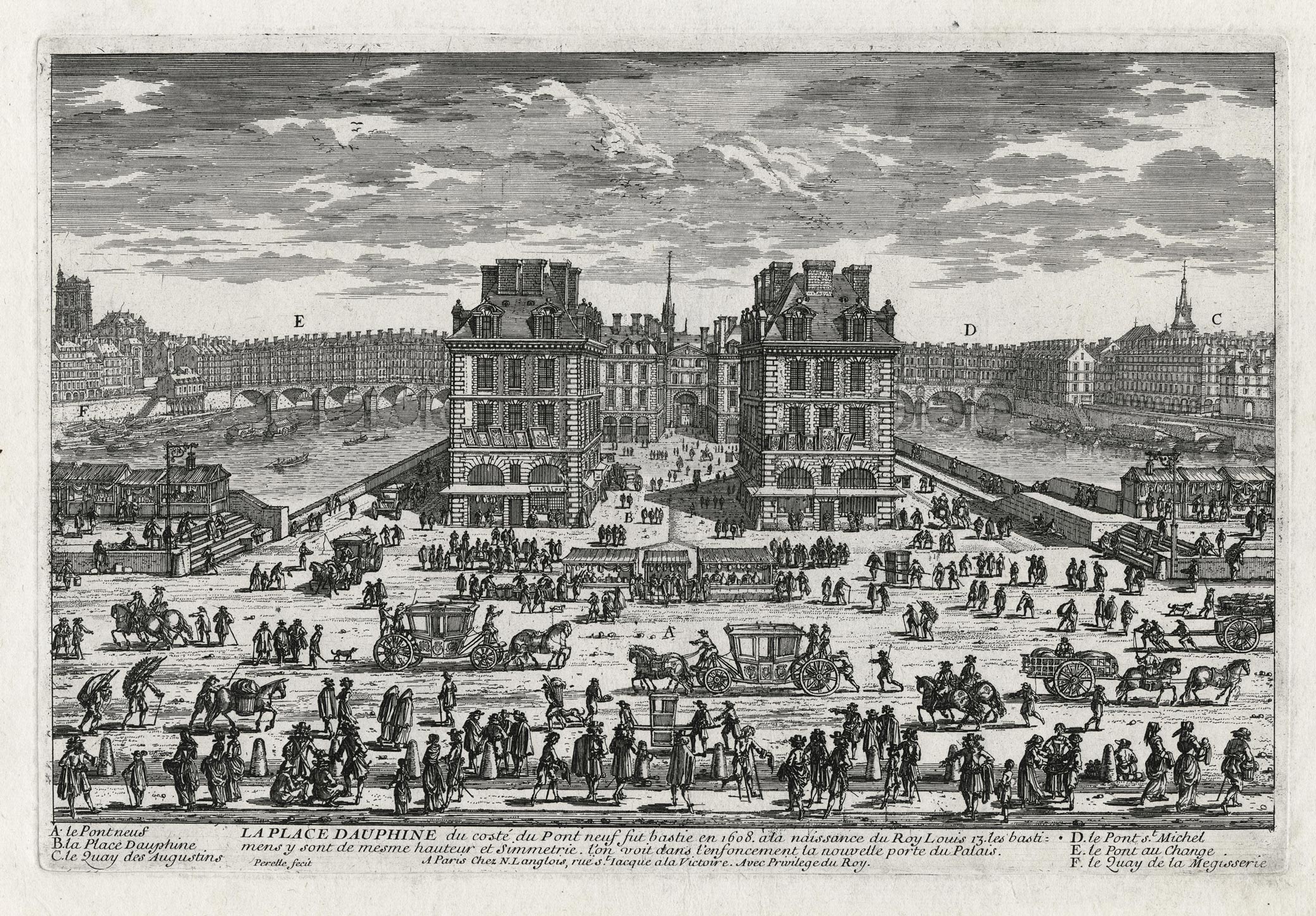 Gabriel, Nicolas, Adam PERELLE, La Place Dauphine, Gravure originale à l&rsquo;eau-forte, Galerie Paul Prouté Paris