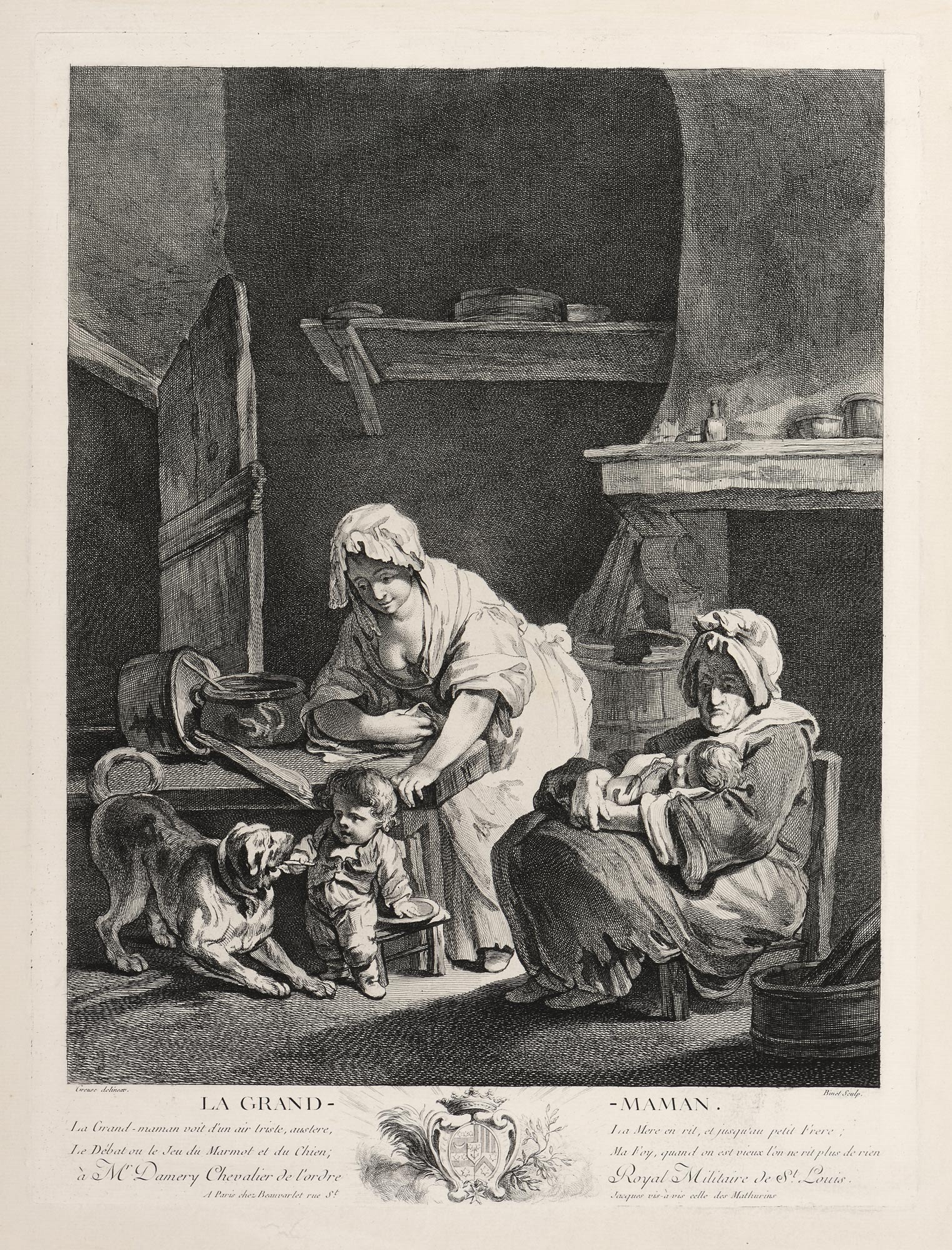 D'après Jean-Baptiste GREUZE, La Grand Maman, 1317, Gravure à l&rsquo;eau-forte et burin par Louis Binet, Galerie Paul Prouté Paris