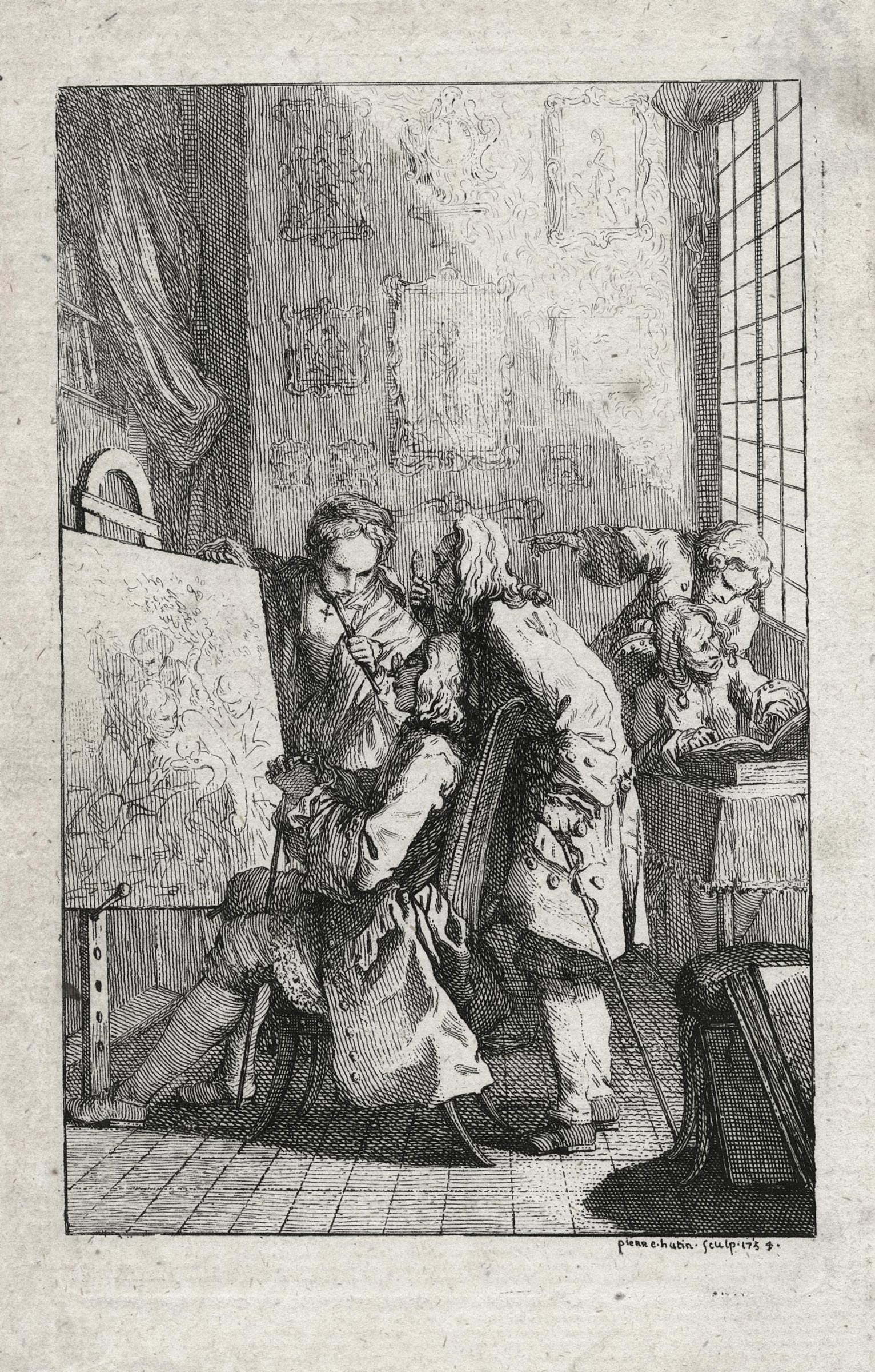 Pierre HUTIN, Quatre amateurs dans l’atelier d’un peintre, 1754, Frontispice de L’abrégé de la vie des peintres dont les tableaux composent la galerie électorale de Dresde, publié à Dresde, en 1782, Galerie Paul Prouté Paris