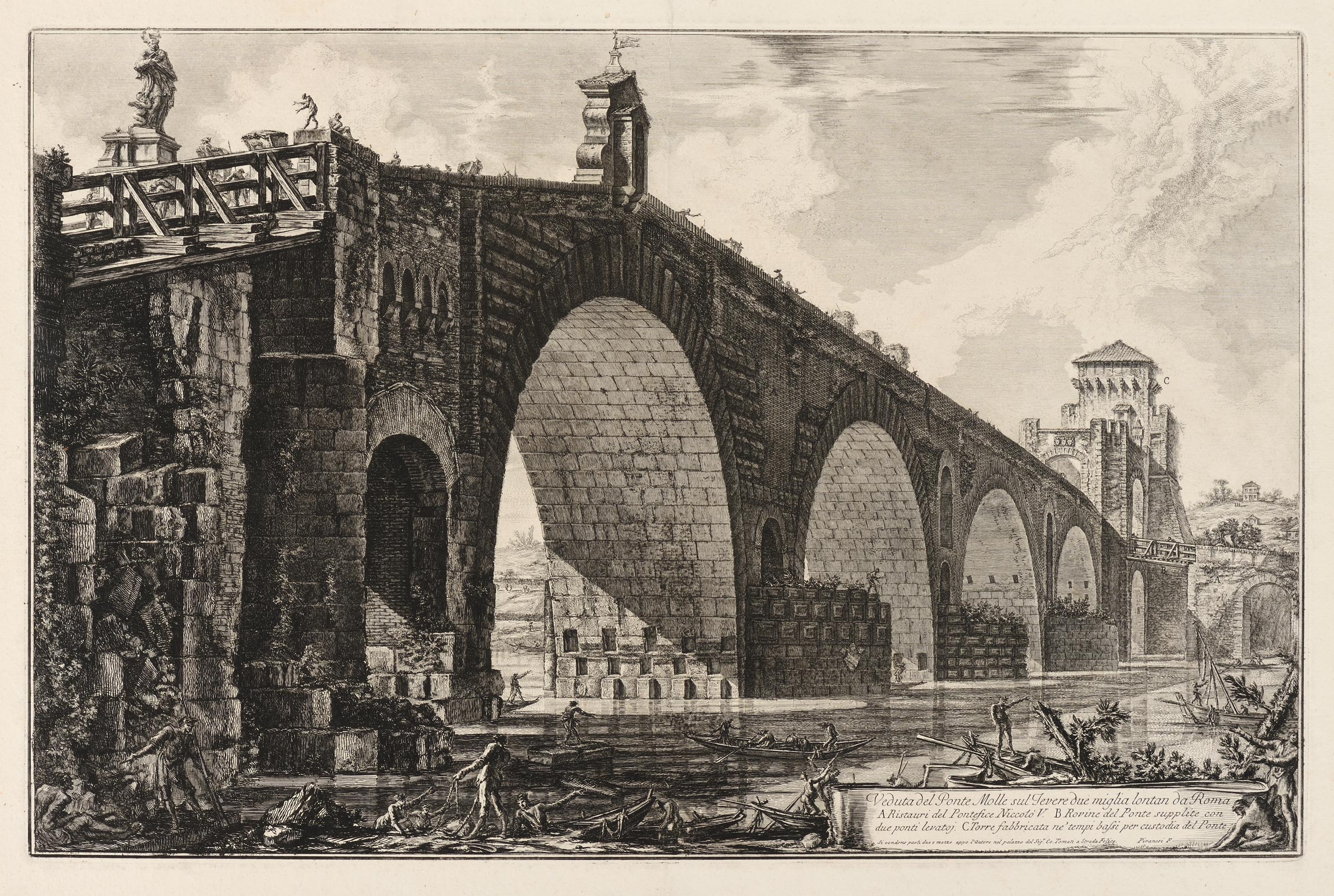 Giovanni Battista PIRANESI, Veduta del Ponte Molle, 1762, Planche de la suite de 135 sujets intitulée Vedute di Roma, Galerie Paul Prouté Paris