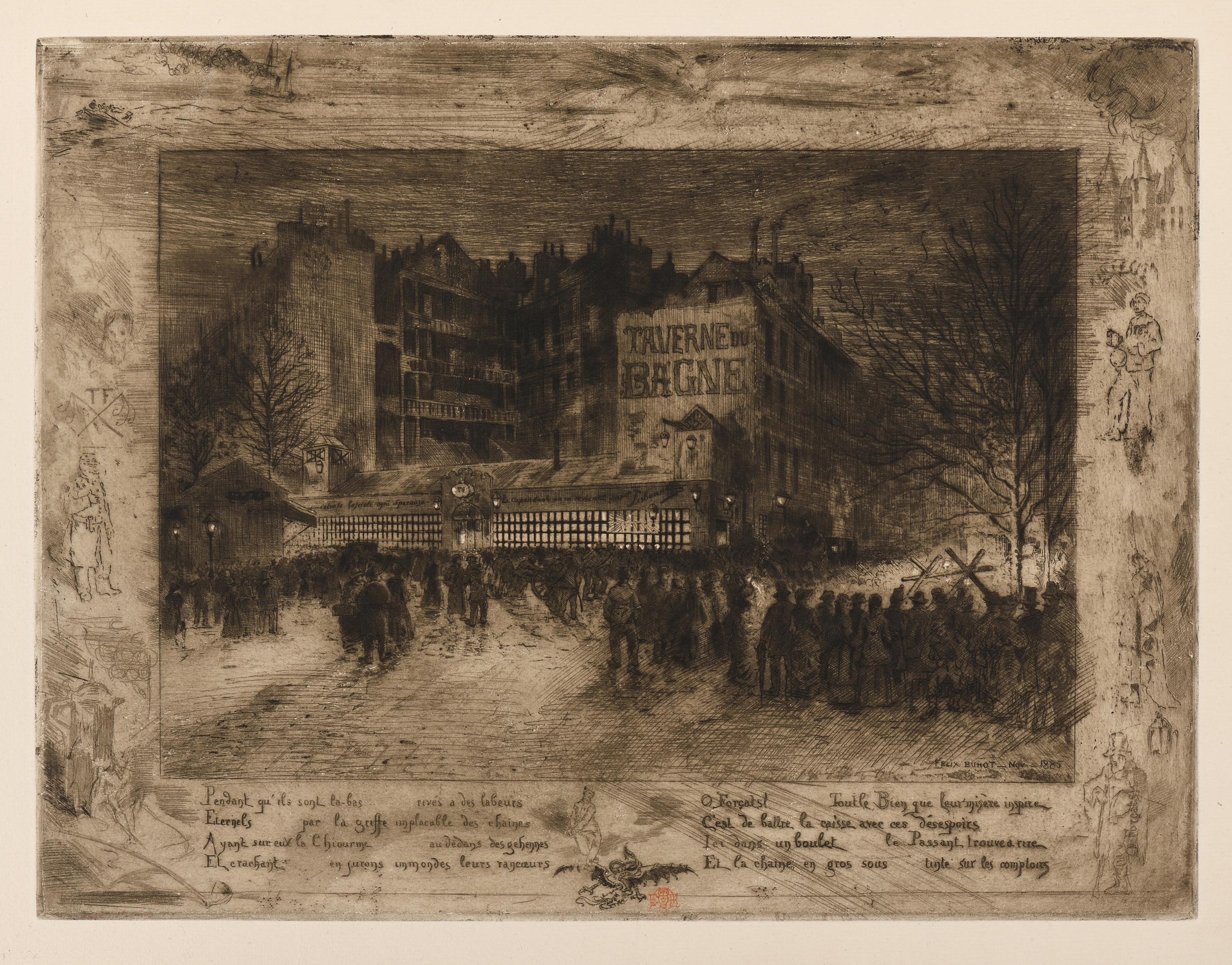 Félix BUHOT, La place des Martyrs et la Taverne du Bagne, 1885, novembre 1885, Galerie Paul Prouté Paris