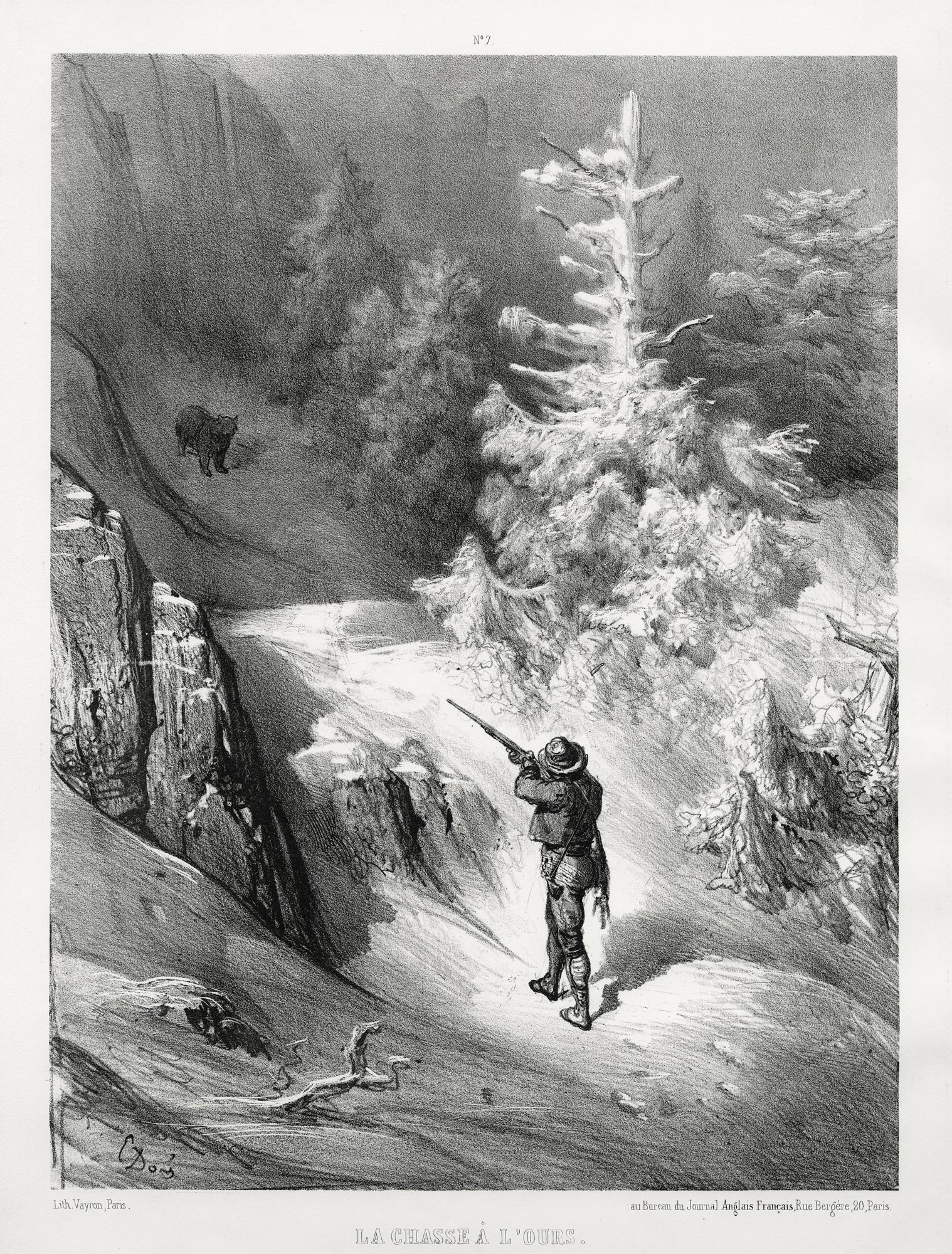 Gustave DORÉ, Bear Hunting, 1856, Planche 7 d’une suite de vingt sujets pour le Musée Français-Anglais, 1856-1857, Galerie Paul Prouté Paris