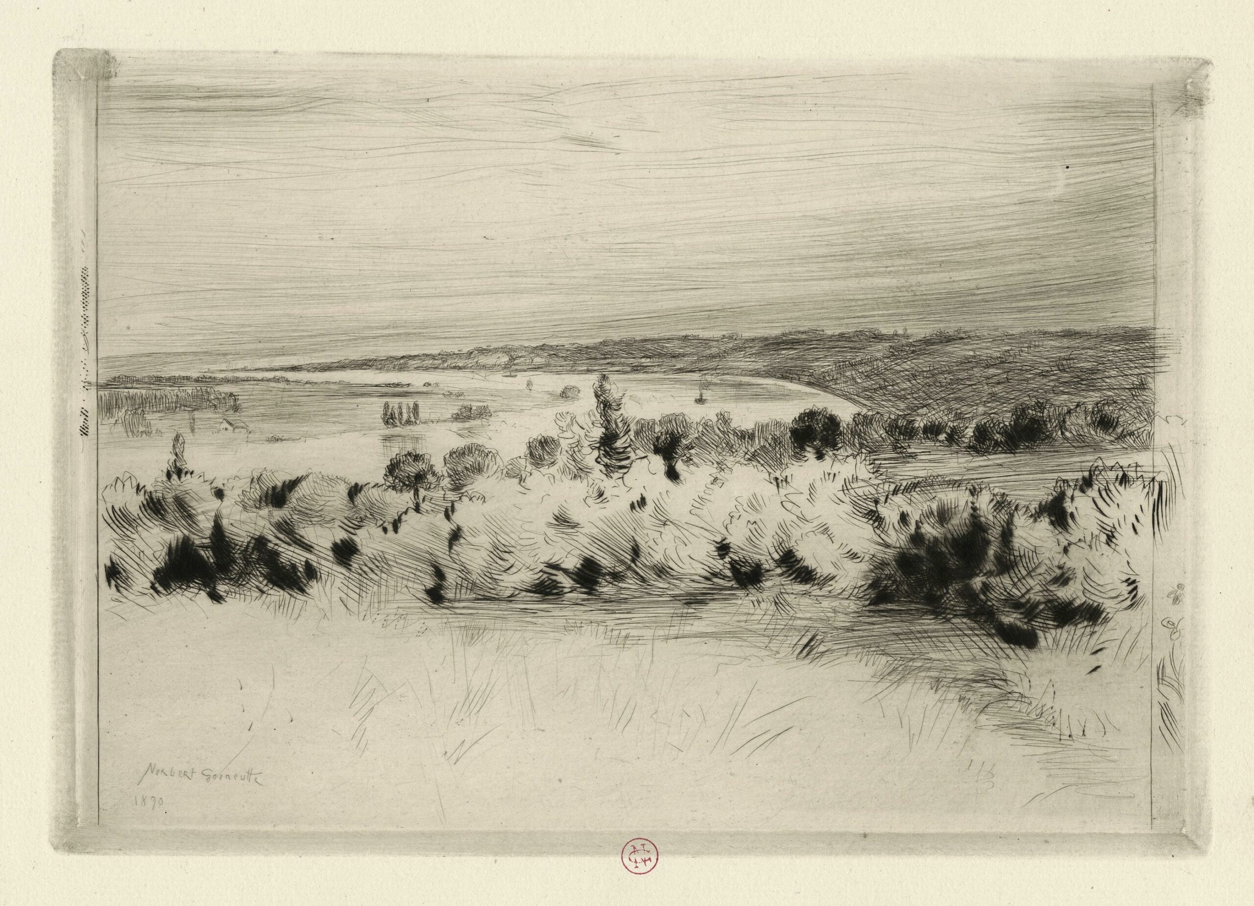 Norbert GOENEUTTE, La Seine at Quillebeuf (The Seine at Vétheuil), 1890, Gravure originale à la pointe sèche, Galerie Paul Prouté Paris