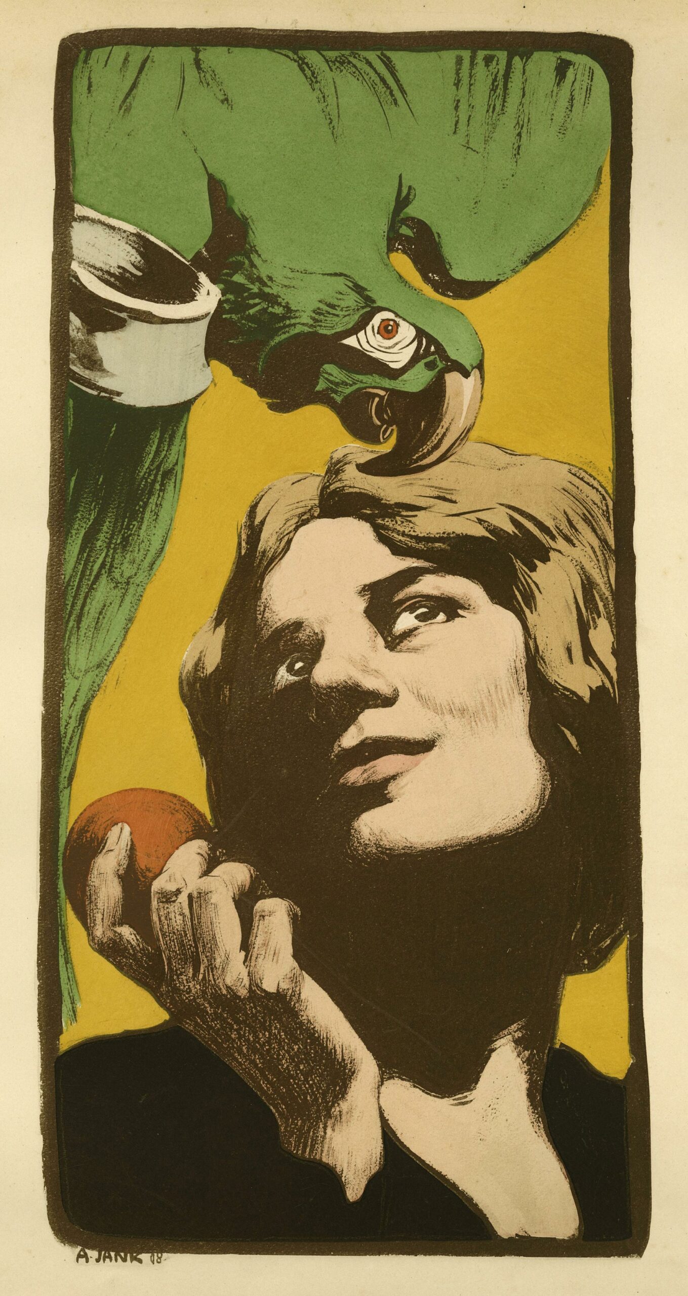 Angelo JANK, La Femme au perroquet, 1898, Lithographie originale en couleurs, Galerie Paul Prouté Paris