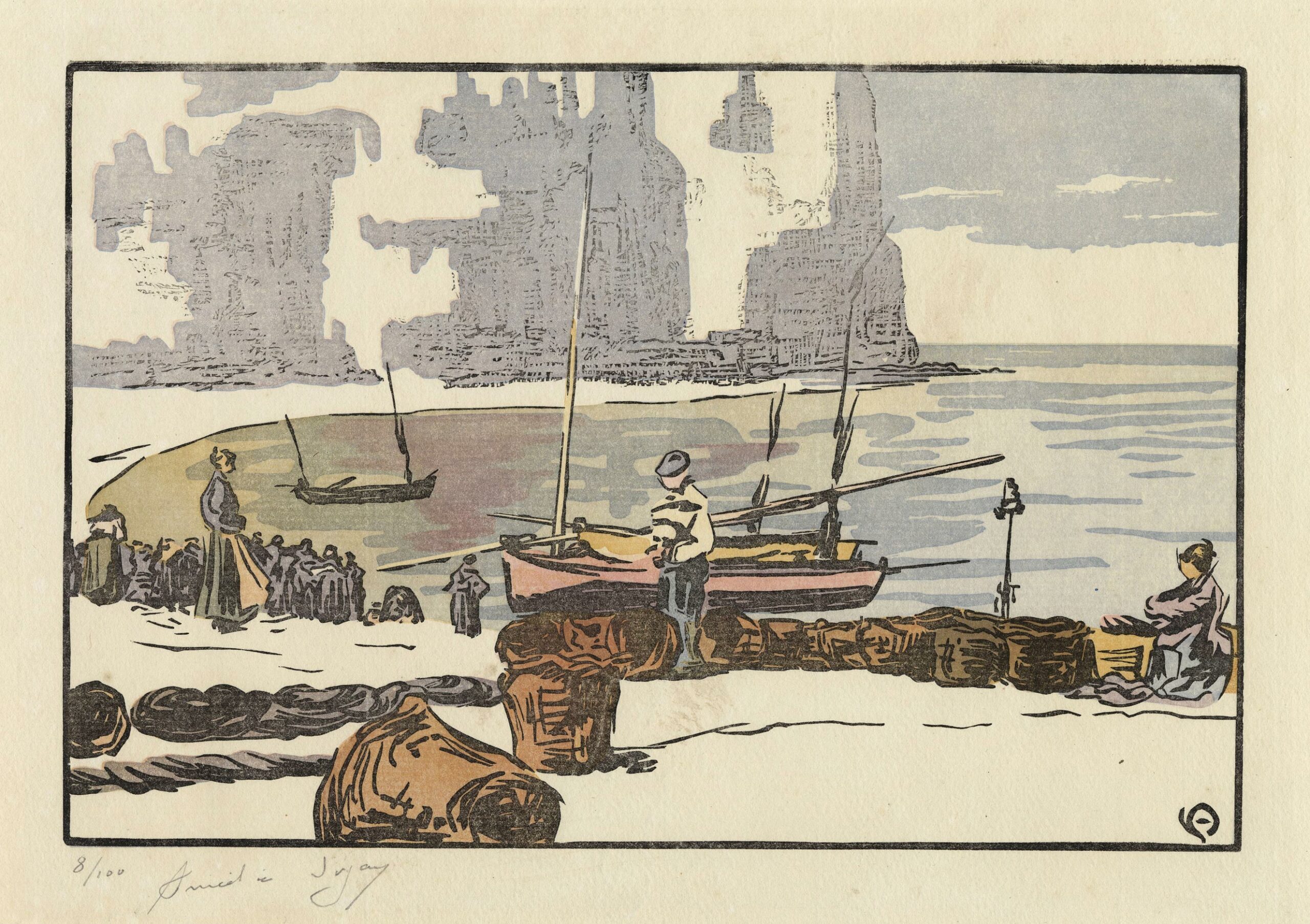 Amédée JOYAU, La petite plage, 1902, Gravure sur bois en couleurs, Galerie Paul Prouté Paris
