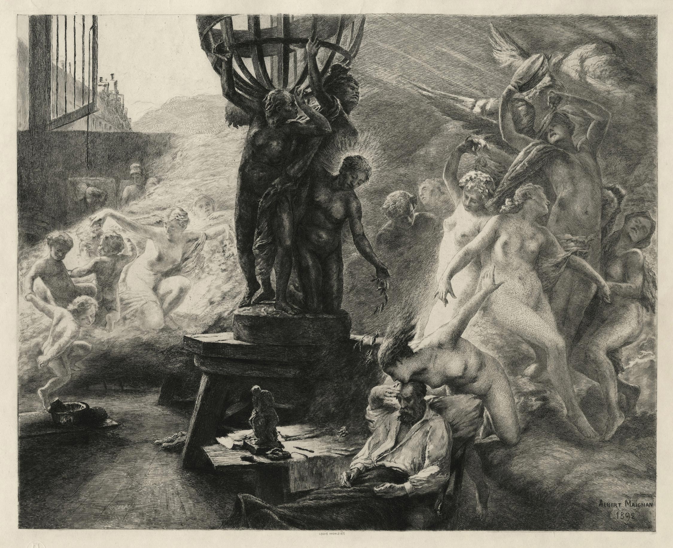 Louis MONZIÈS, L’Apothéose de Jean-Baptiste Carpeaux, 1892, Gravure à l&rsquo;eau-forte et burin d’après Albert Maignan, Galerie Paul Prouté Paris