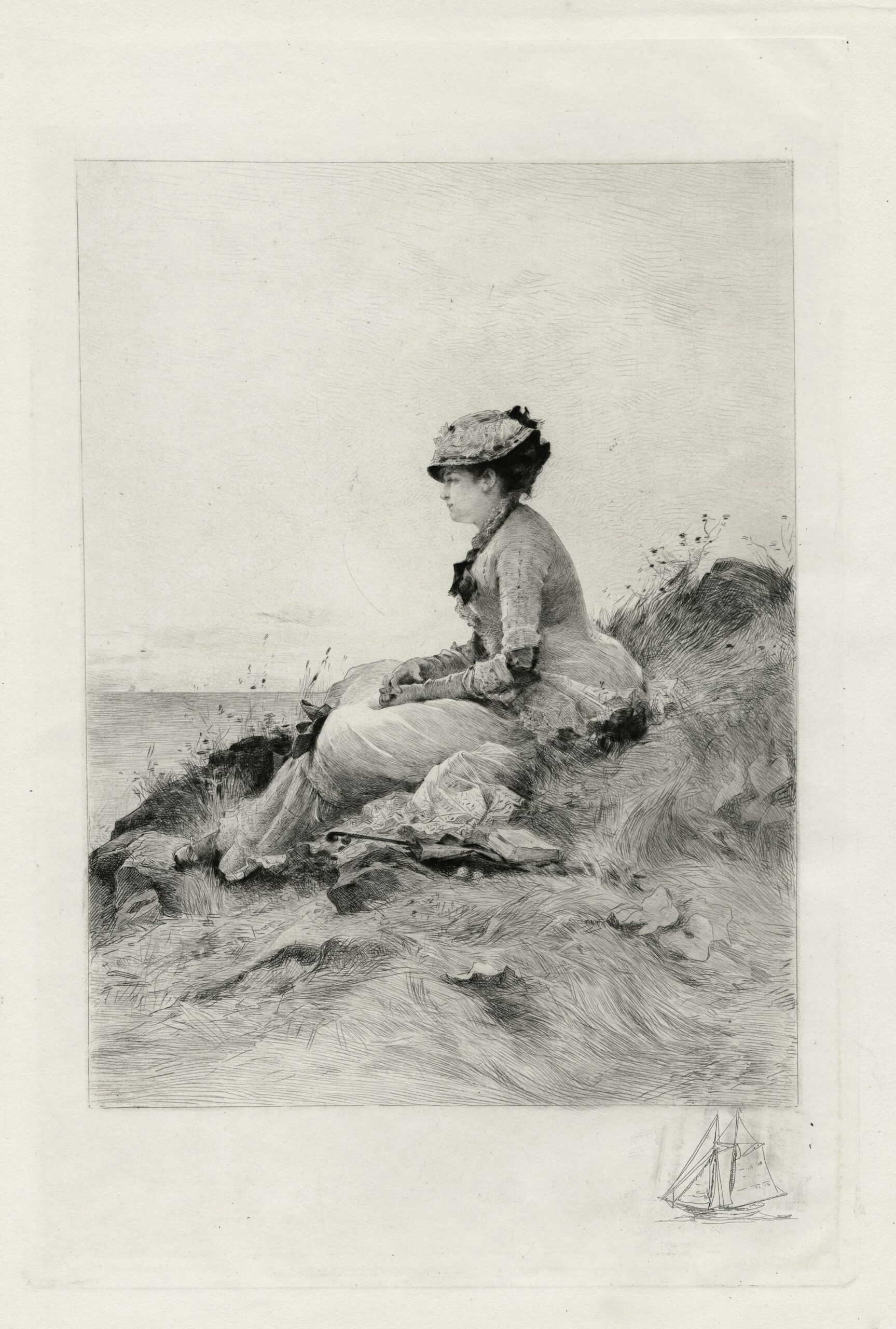 Rodolphe Piguet, Femme assise au bord de la mer, 1878, Gravure originale à la pointe sèche, Galerie Paul Prouté Paris