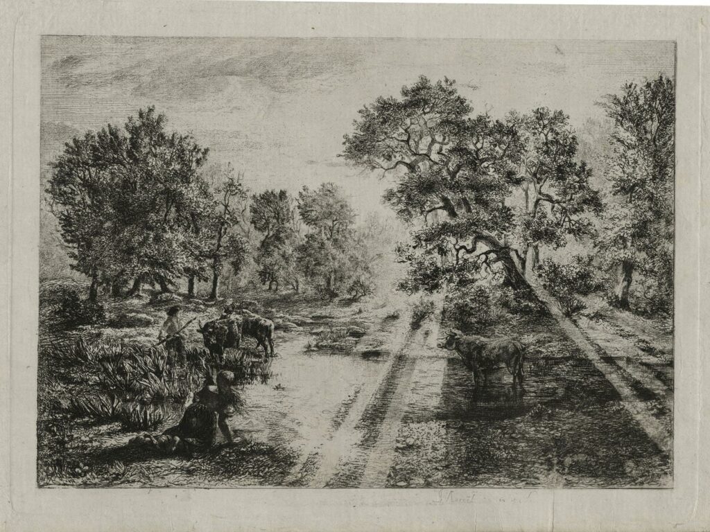 Saint Marcel – Les boeufs traversant la mare de Belle-Croix (Fontainebleau)