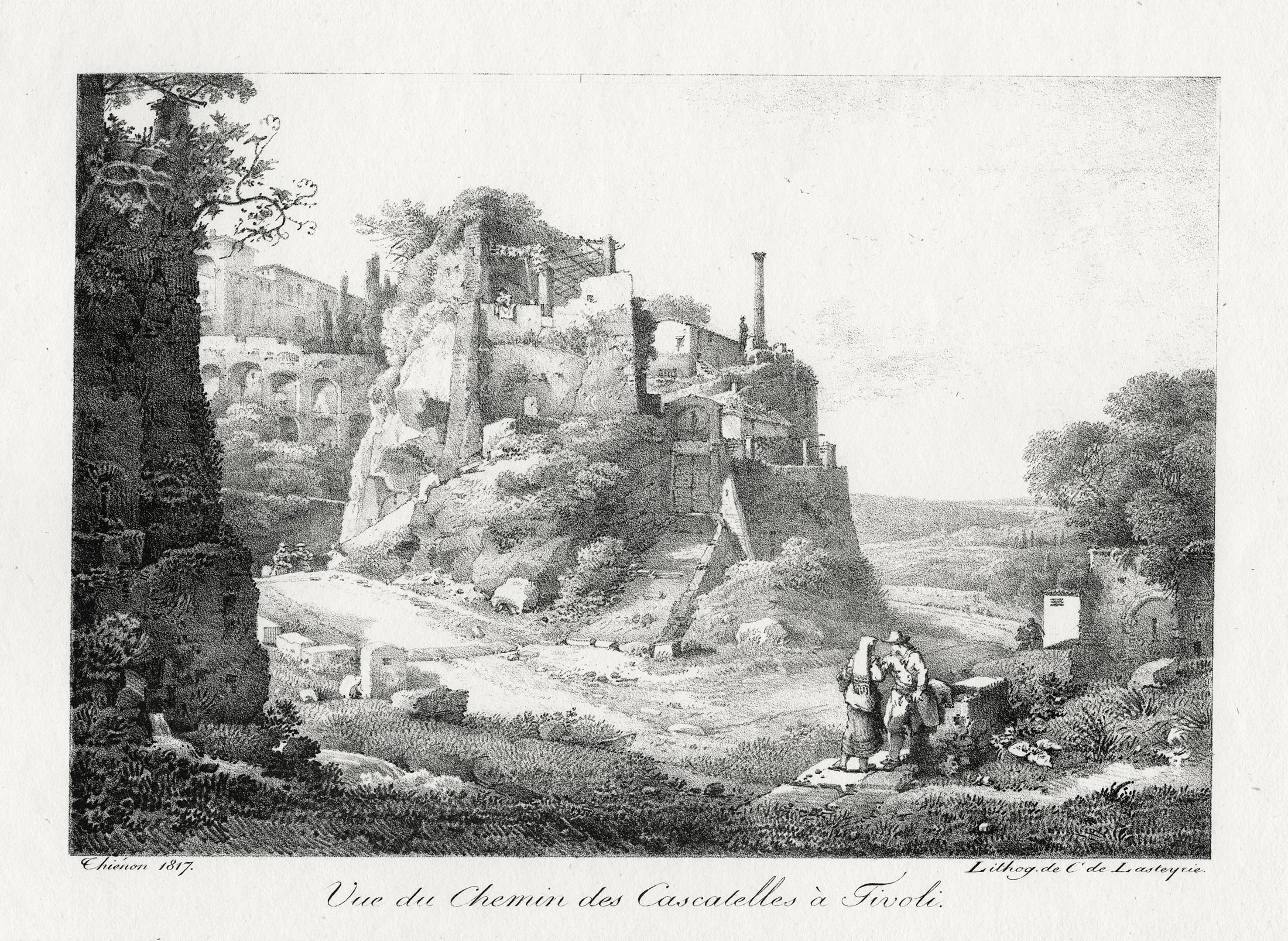 Claude THIÉNON, Vue du chemin des Cascatelles à  Tivoli, 1817, Lithographie originale, Galerie Paul Prouté Paris
