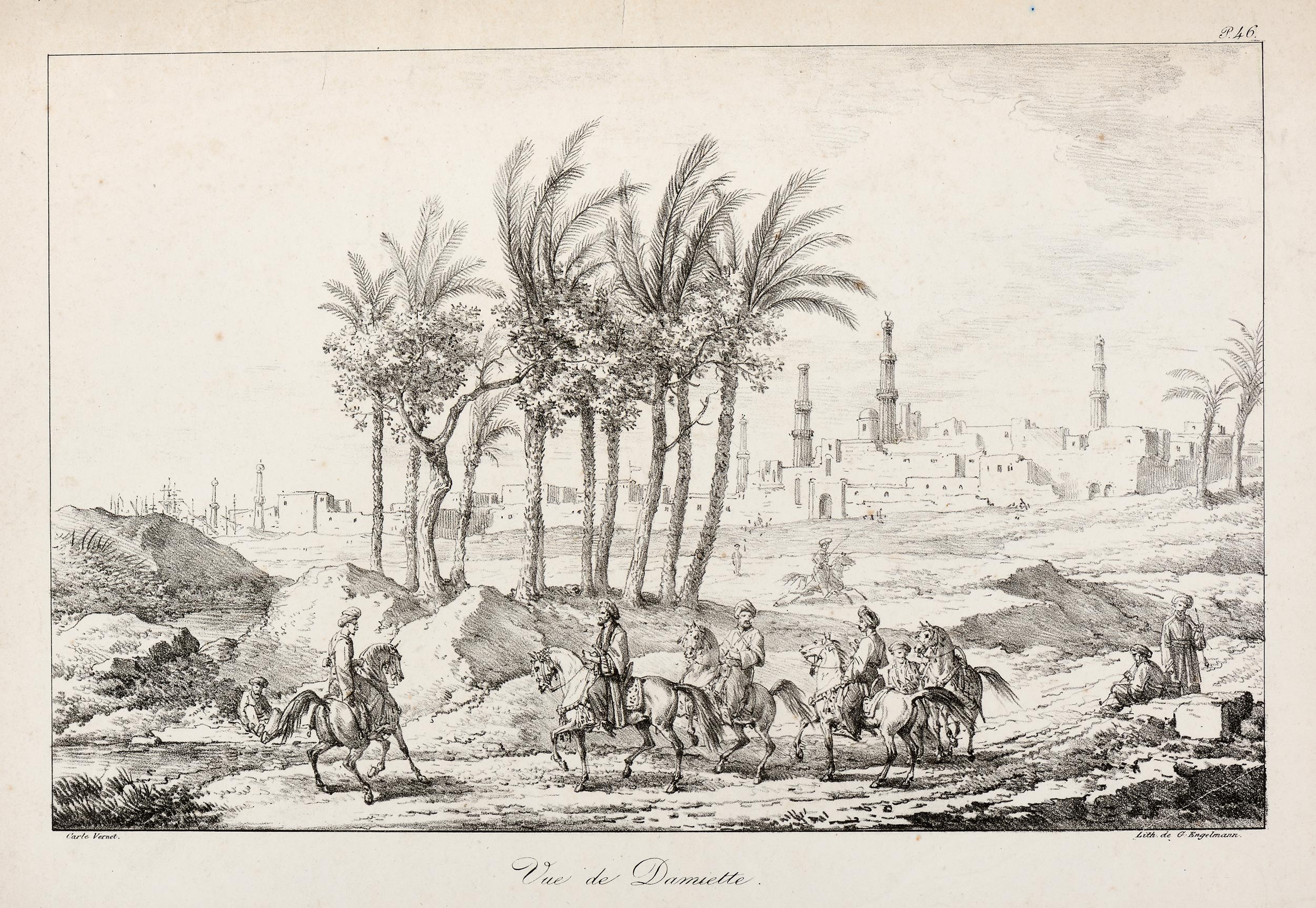 Carle VERNET, Vue de Damiette (Égypte), 1816, Planche 46 de l’ouvrage de Louis-Nicolas comte de Forbin intitulé Voyage dans le Levant, 1819, Galerie Paul Prouté Paris