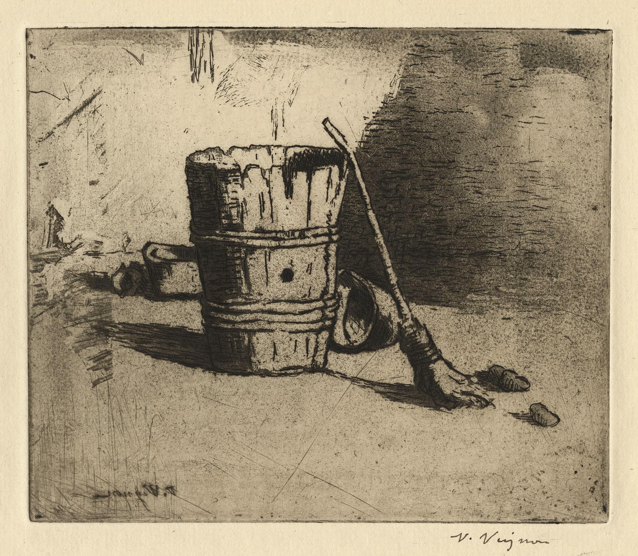 Victor VIGNON, Broom and bucket, Gravure originale à l&rsquo;eau-forte et aquatinte, Galerie Paul Prouté Paris