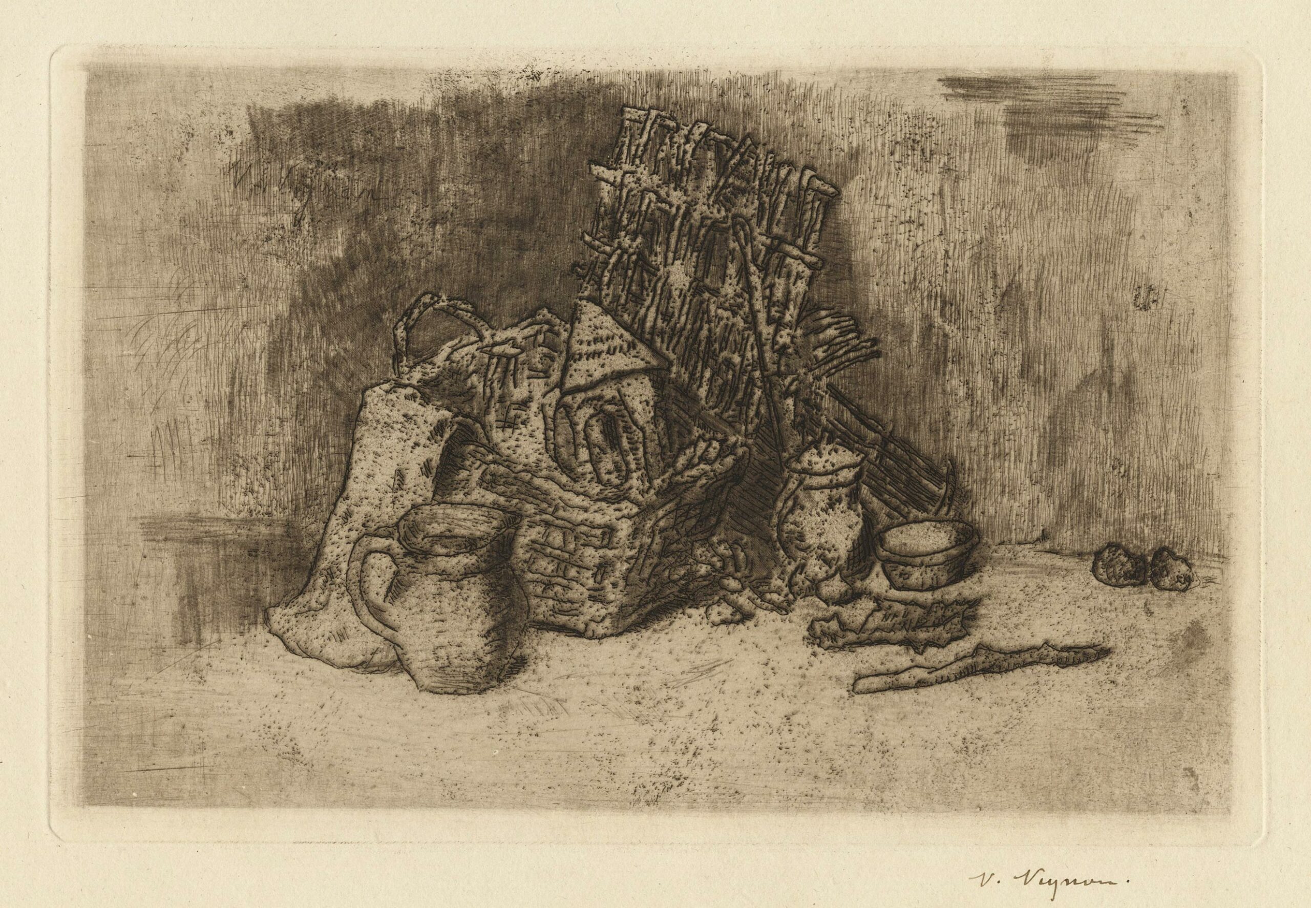 Victor VIGNON, Still Life with a Basket, a Lantern, and a Pitcher, Gravure originale à l&rsquo;eau-forte et aquatinte, pointe sèche et roulette, Galerie Paul Prouté Paris