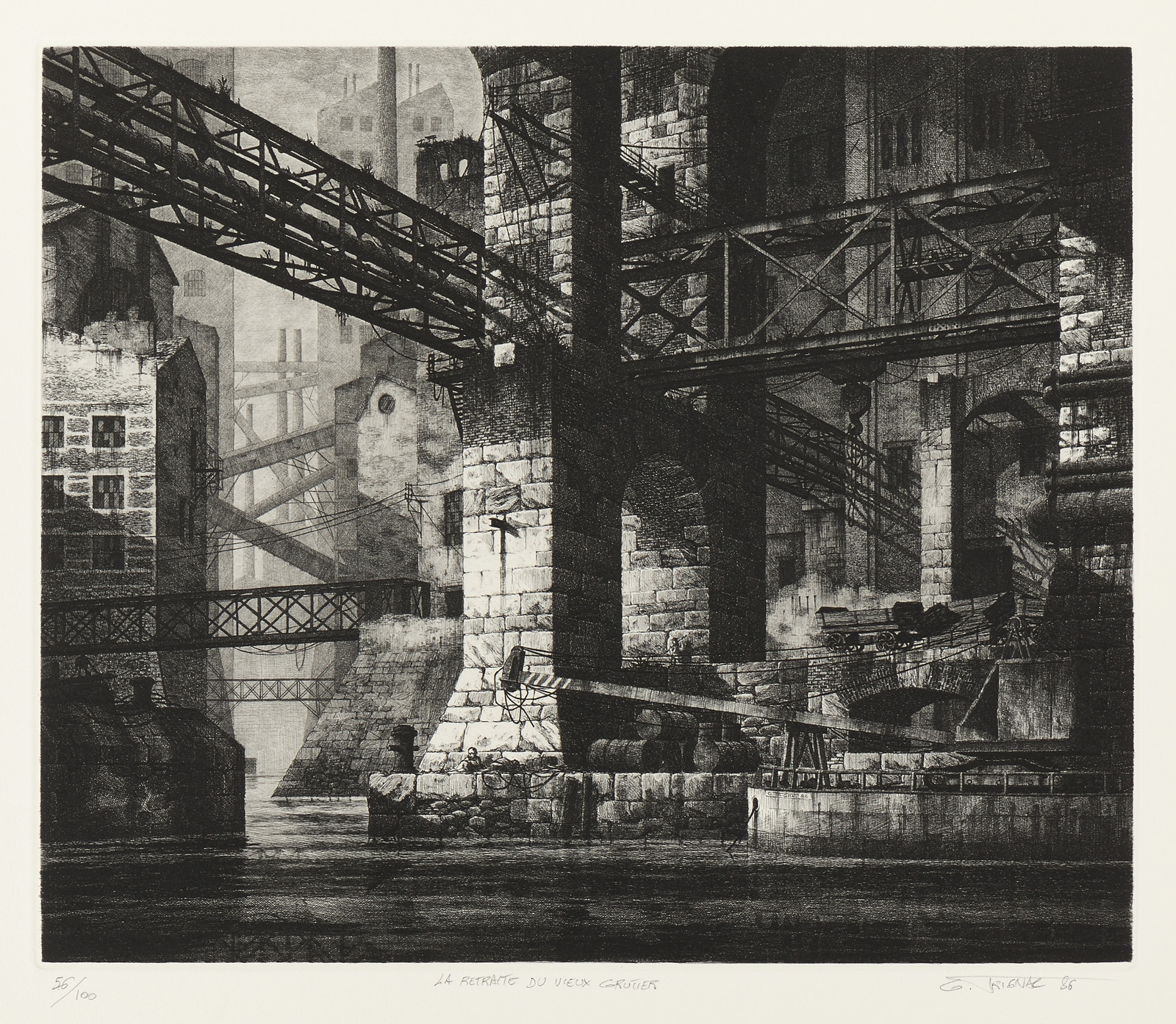 Gérard TRIGNAC, La retraite du vieux grutier, 1986, Gravure originale à l&rsquo;eau-forte, burin et pointe sèche, Galerie Paul Prouté Paris
