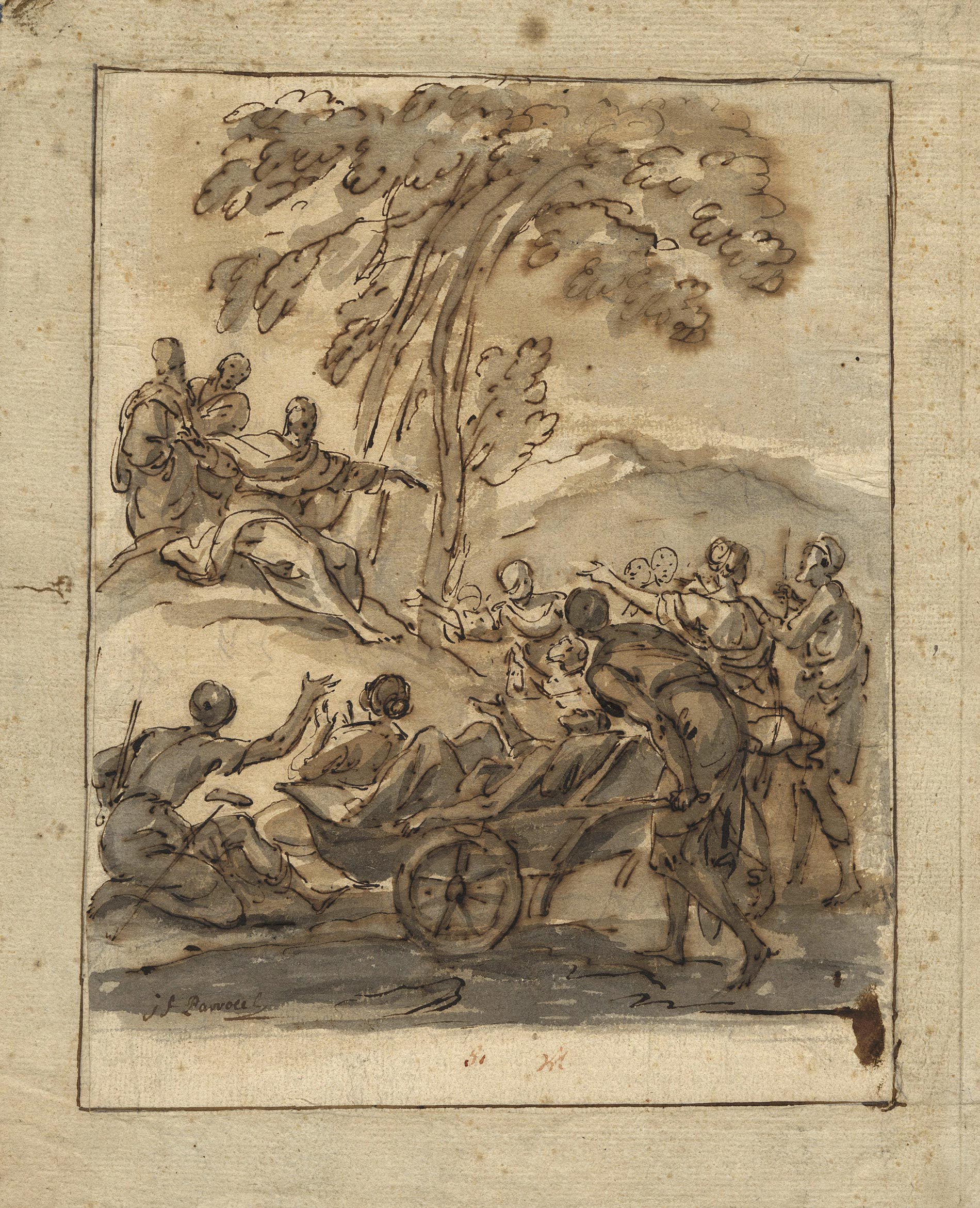 Joseph-François PARROCEL, Jésus guérissant des malades, Plume et encre brune, lavis gris, trait d’encadrement à l’encre brune, fixé sur un support, Galerie Paul Prouté Paris