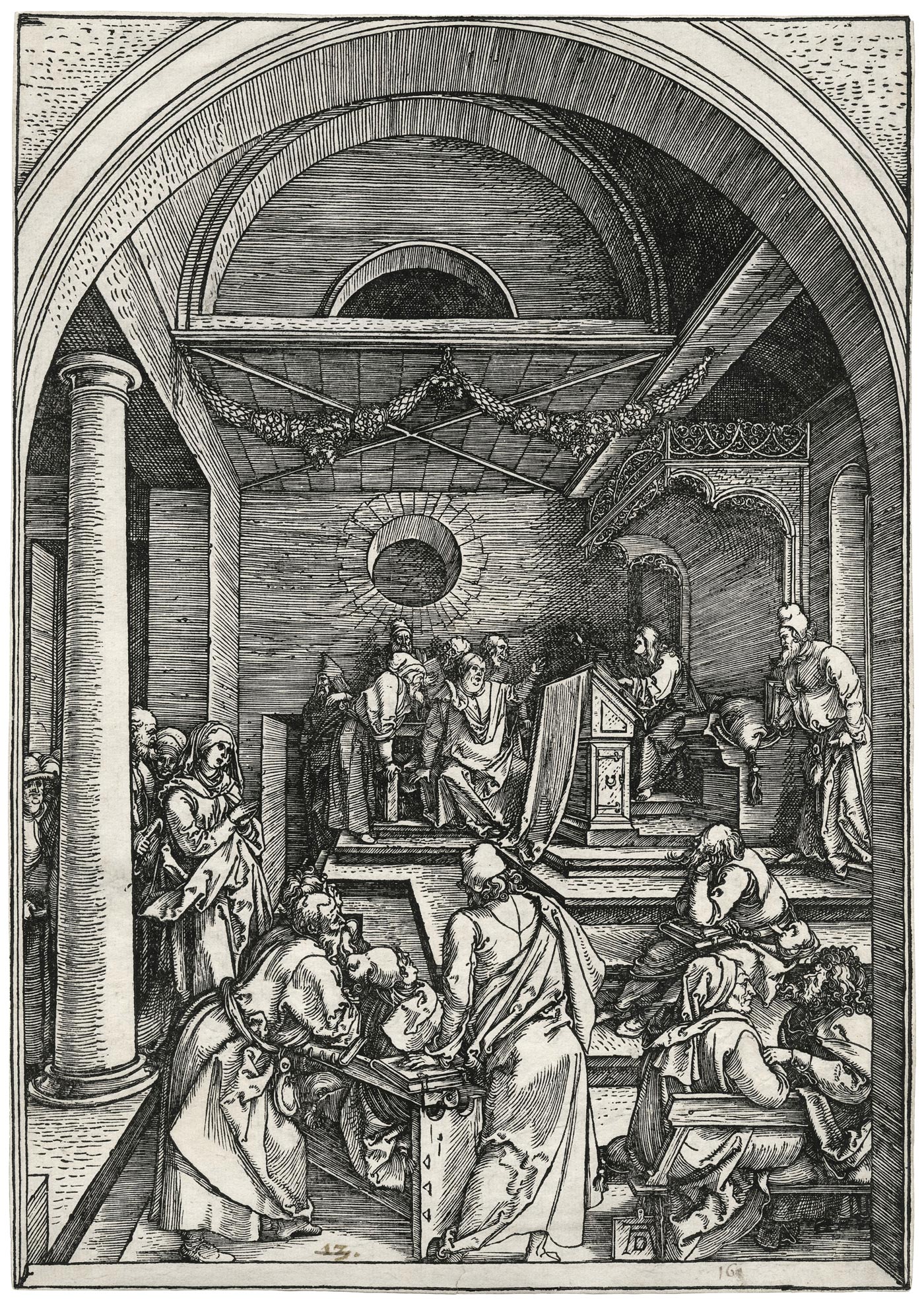 Albrecht DÜRER, Jésus parmi les docteurs, 1503, Planche de la suite de la Vie de la Vierge, 1511., Galerie Paul Prouté Paris