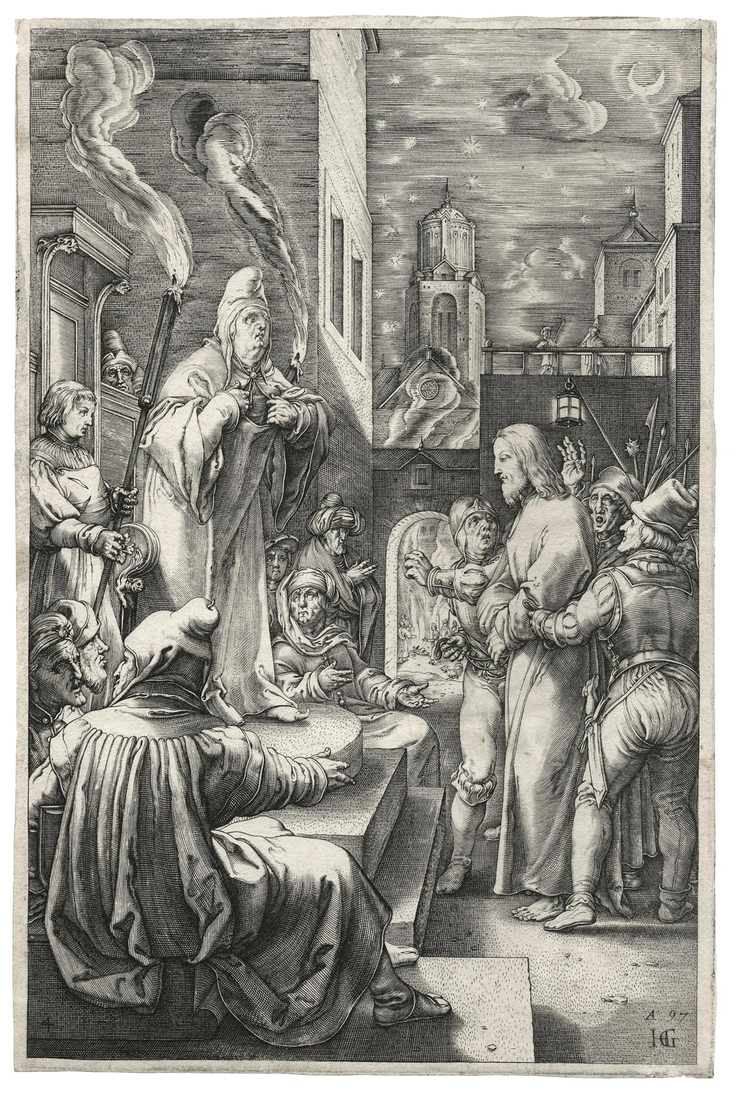 Hendrik GOLTZIUS, Jésus devant Caïphe, 1597, Planche d’une suite de 12 sujets intitulée La Passion du Christ, 1596-1598., Galerie Paul Prouté Paris