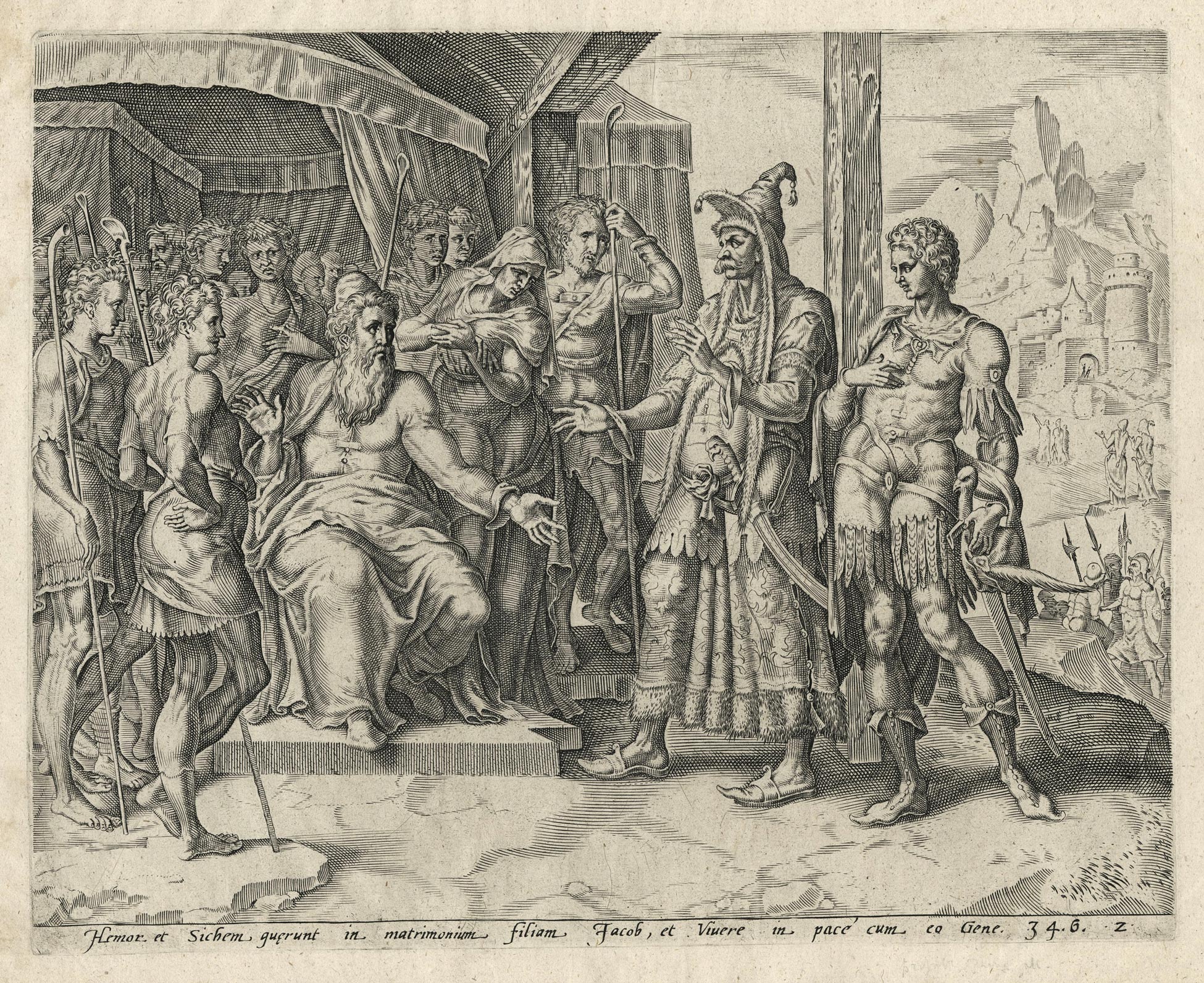 Jan Harmensz MÜLLER, Hamor et son fils Shechem demande la main de Dinah auprès de Jacob, 1569, Planche de la suite de quatre sujets intitulée L’histoire de Dinah et Shechem, vers 1569, Galerie Paul Prouté Paris