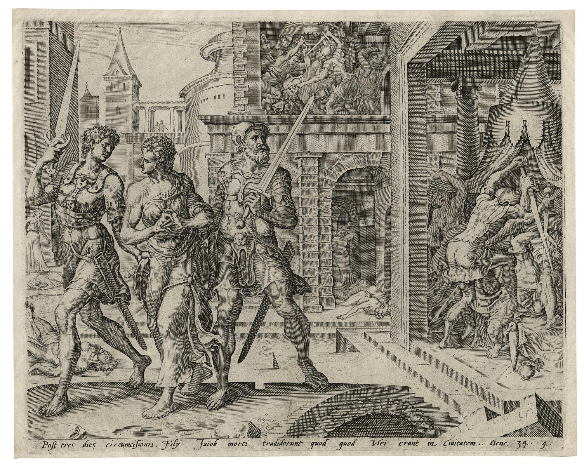 Jan Harmensz MÜLLER, Dinah raccompagnée par Siméon et Lévi, 1569, Planche de la suite de quatre sujets intitulée L’histoire de Dinah et Shechem, vers 1569, Galerie Paul Prouté Paris