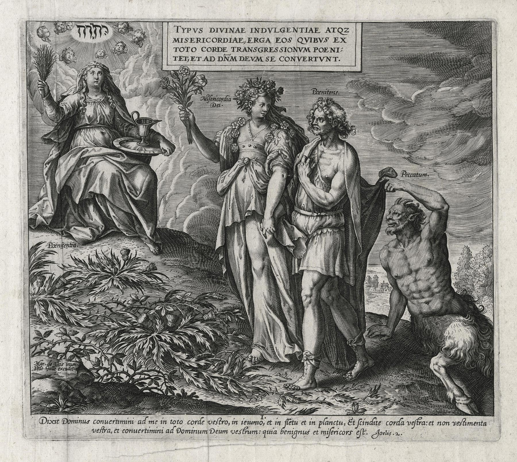 (d'après) Marteen de VOS, La Miséricorde guidant le pêcheur repenti vers la Pénitence, Planche de titre d’une suite de 10 sujets représentant des pêcheurs repentis de l’Ancien et du Nouveau Testaments, Galerie Paul Prouté Paris
