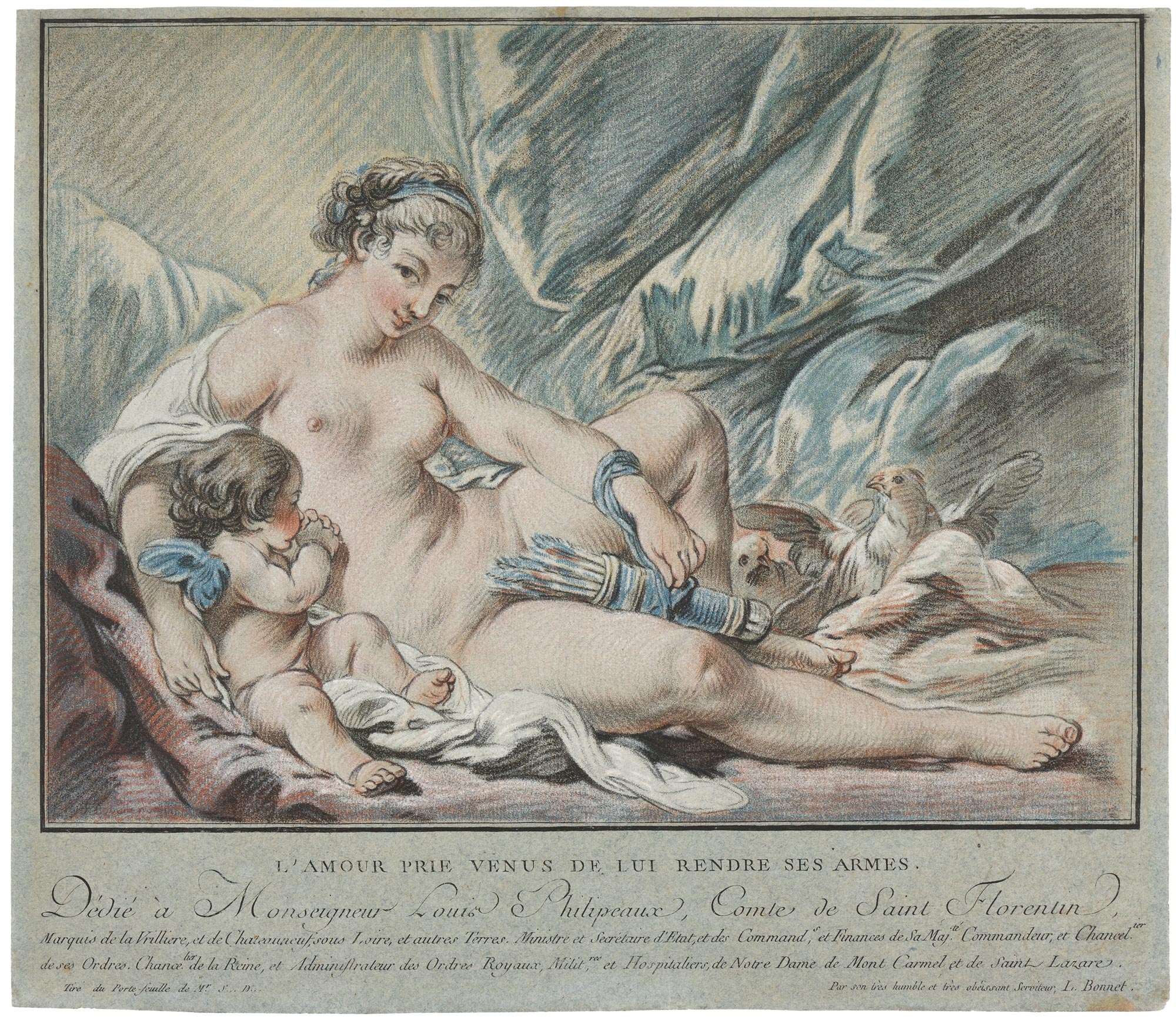 Louis-Marin BONNET, L’Amour prie Vénus de lui rendre ses armes, 1768, Gravure en manière de crayon sur papier bleu d’après François Boucher, Galerie Paul Prouté Paris