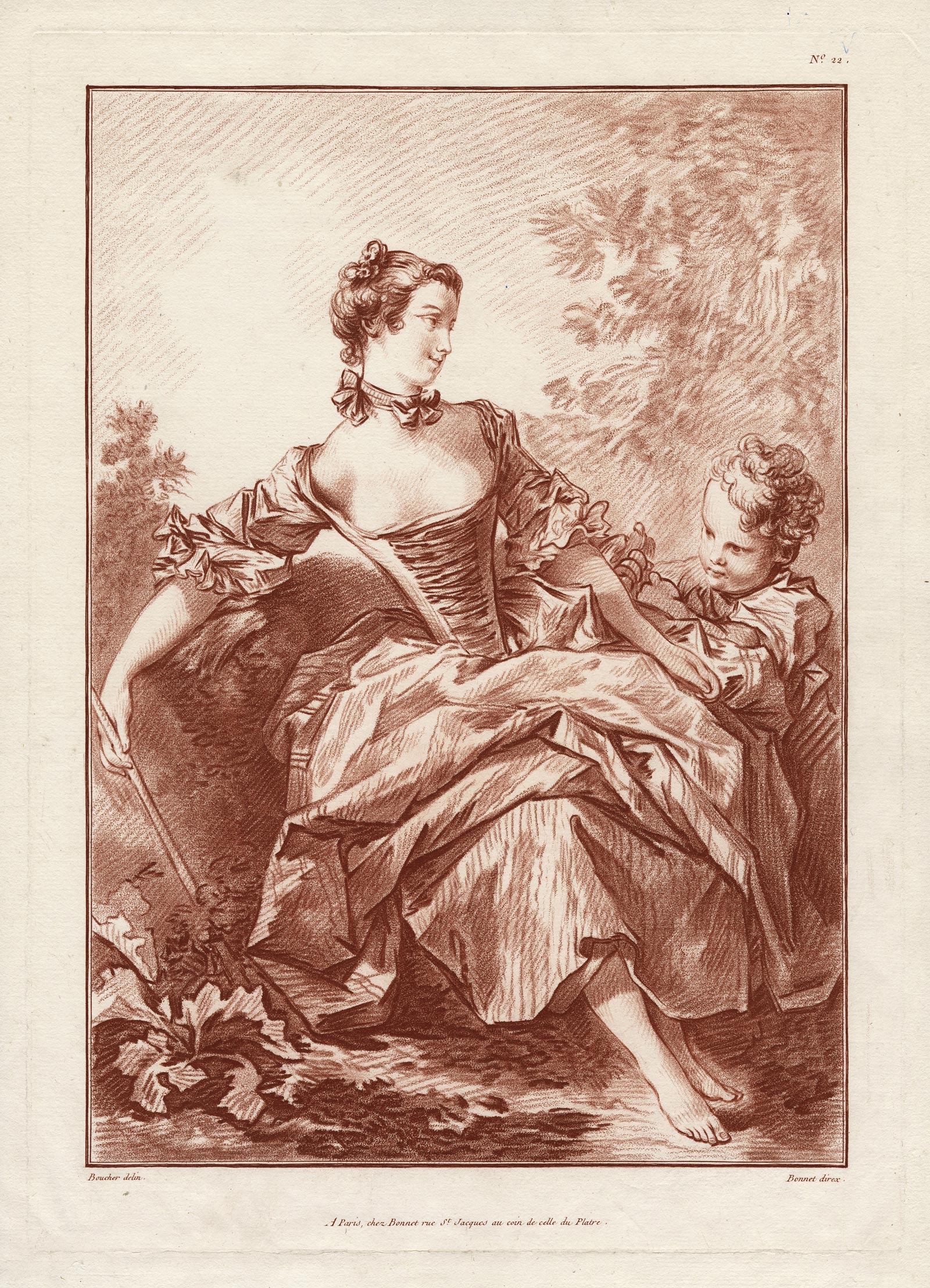 Louis-Marin BONNET, Bergère avec un enfant, 1773, Gravure en manière de sanguine d&rsquo;après François Boucher, Galerie Paul Prouté Paris