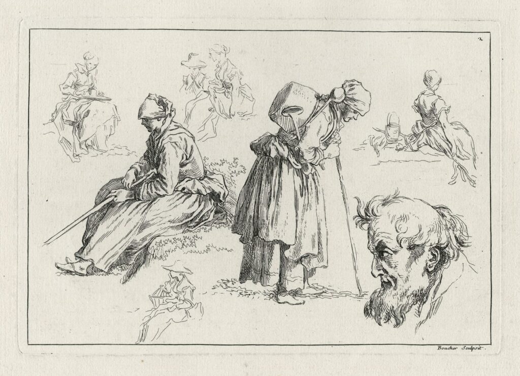 Boucher – Tête de vieillard et deux femmes tenant un bâton