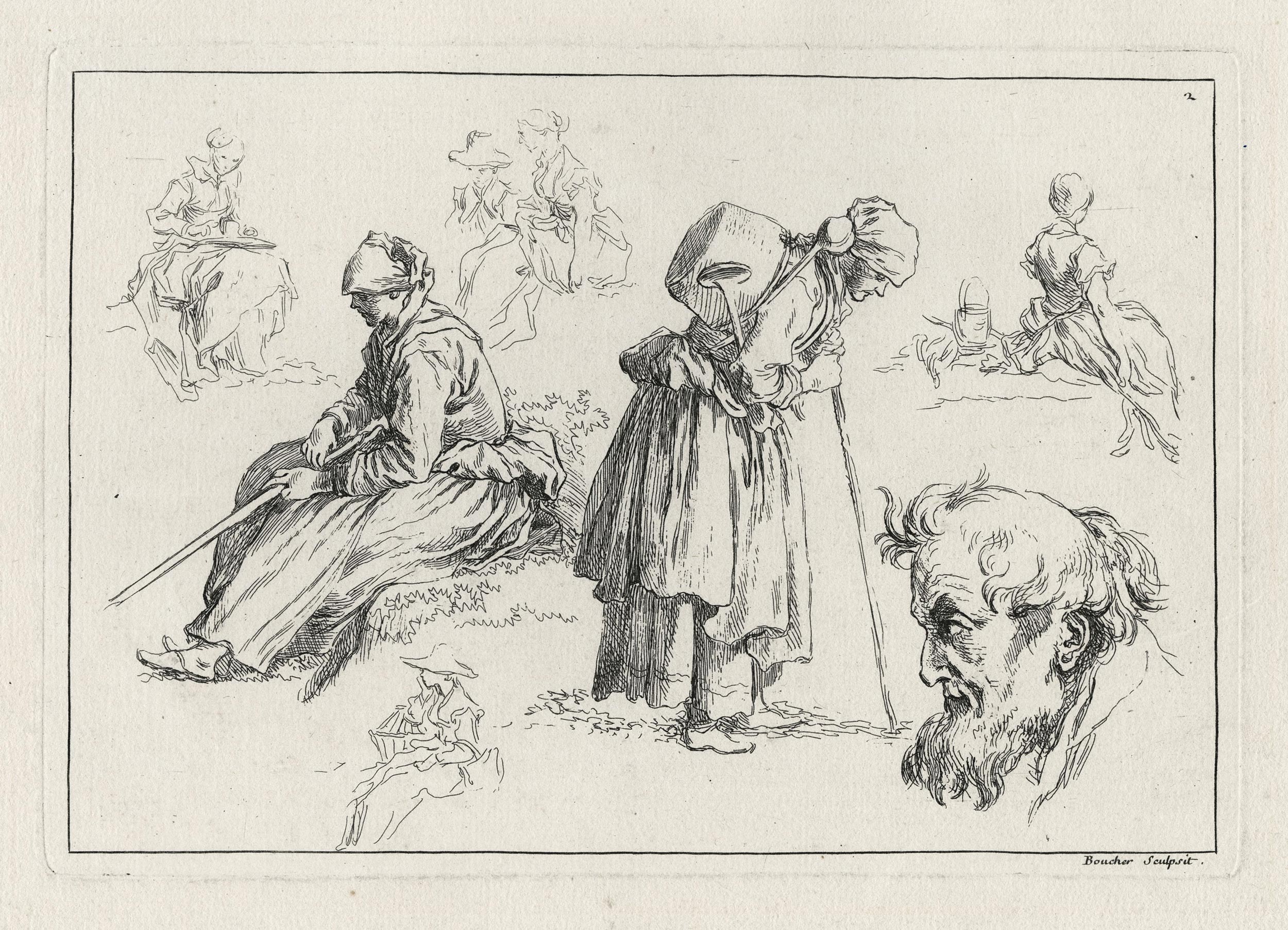 François BOUCHER, Tête de vieillard et deux femmes tenant un bâton, 1735, Planche 2 d’une suite de douze pièces composant le Livre d’étude d’après les desseins originaux de Blomart., Galerie Paul Prouté Paris