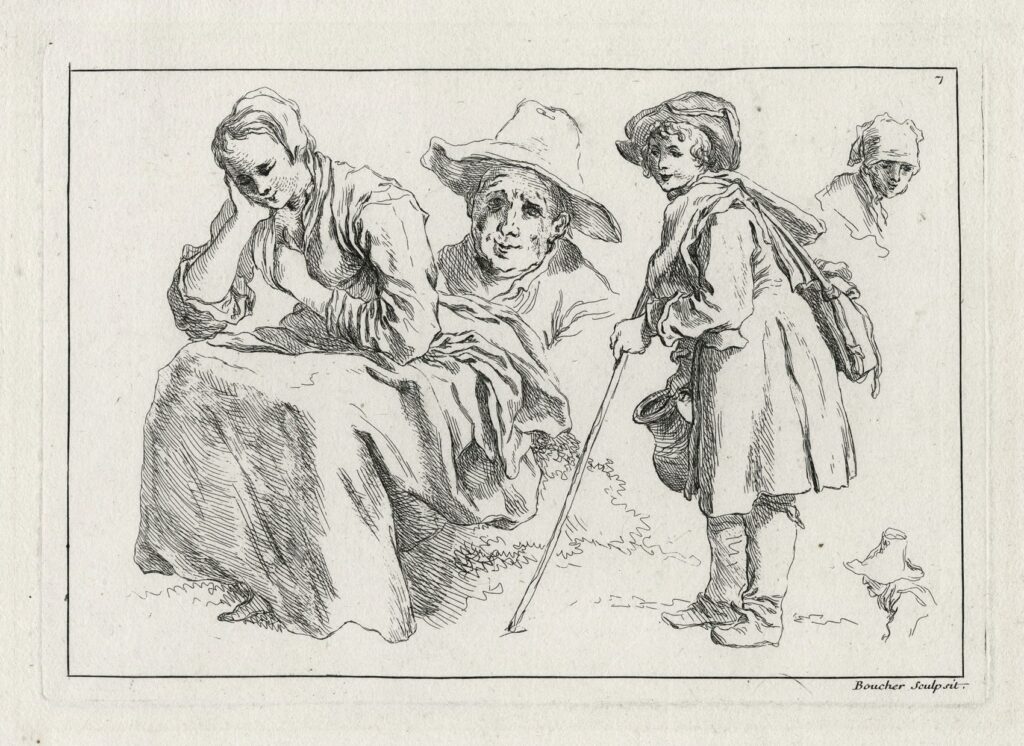 Boucher – Femme assise, tête de paysan au chapeau et jeune berger