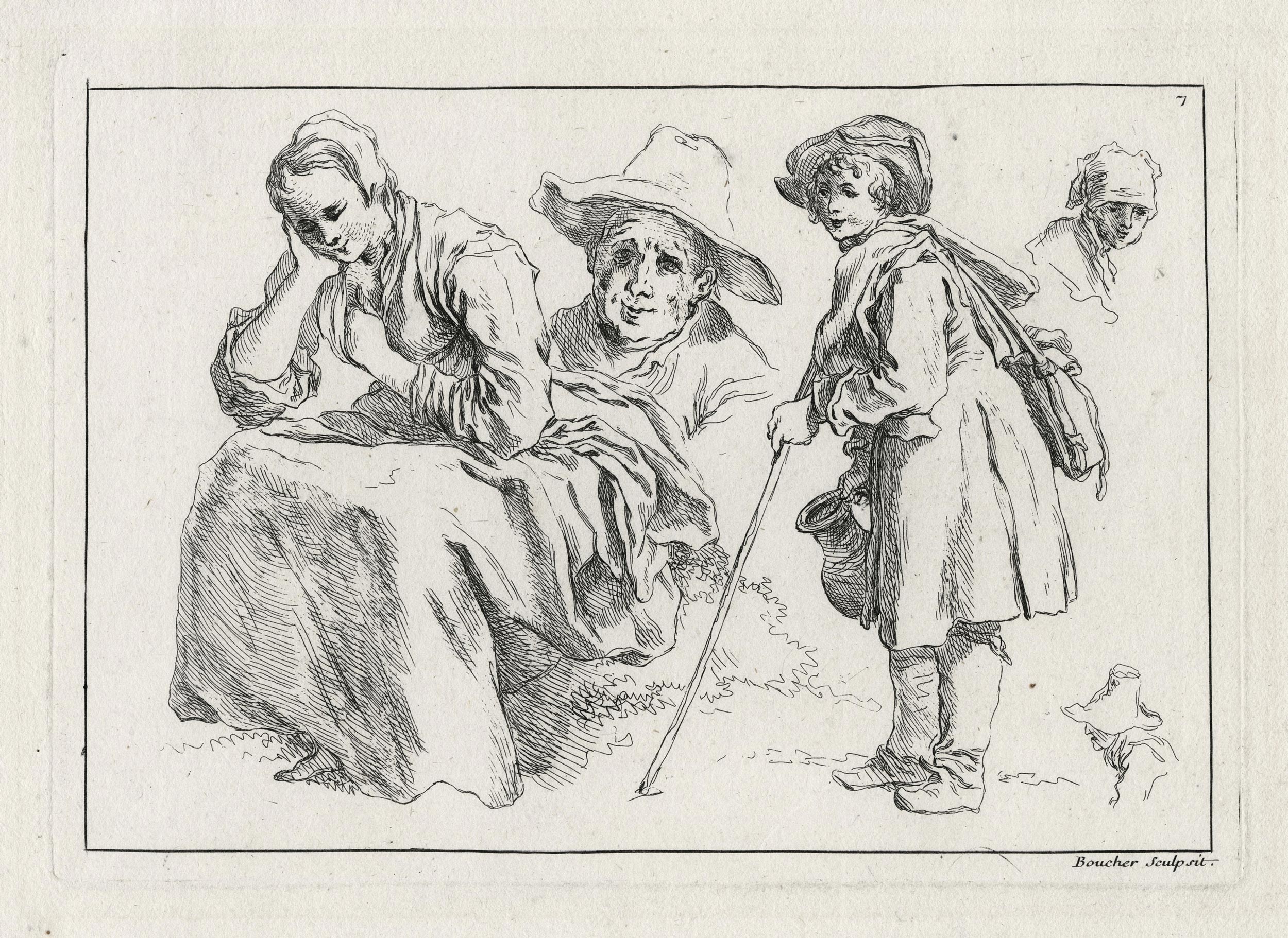 François BOUCHER, Femme assise, tête de paysan au chapeau et jeune berger, 1735, Planche 7 d’une suite de douze pièces composant le Livre d’étude d’après les desseins originaux de Blomart., Galerie Paul Prouté Paris
