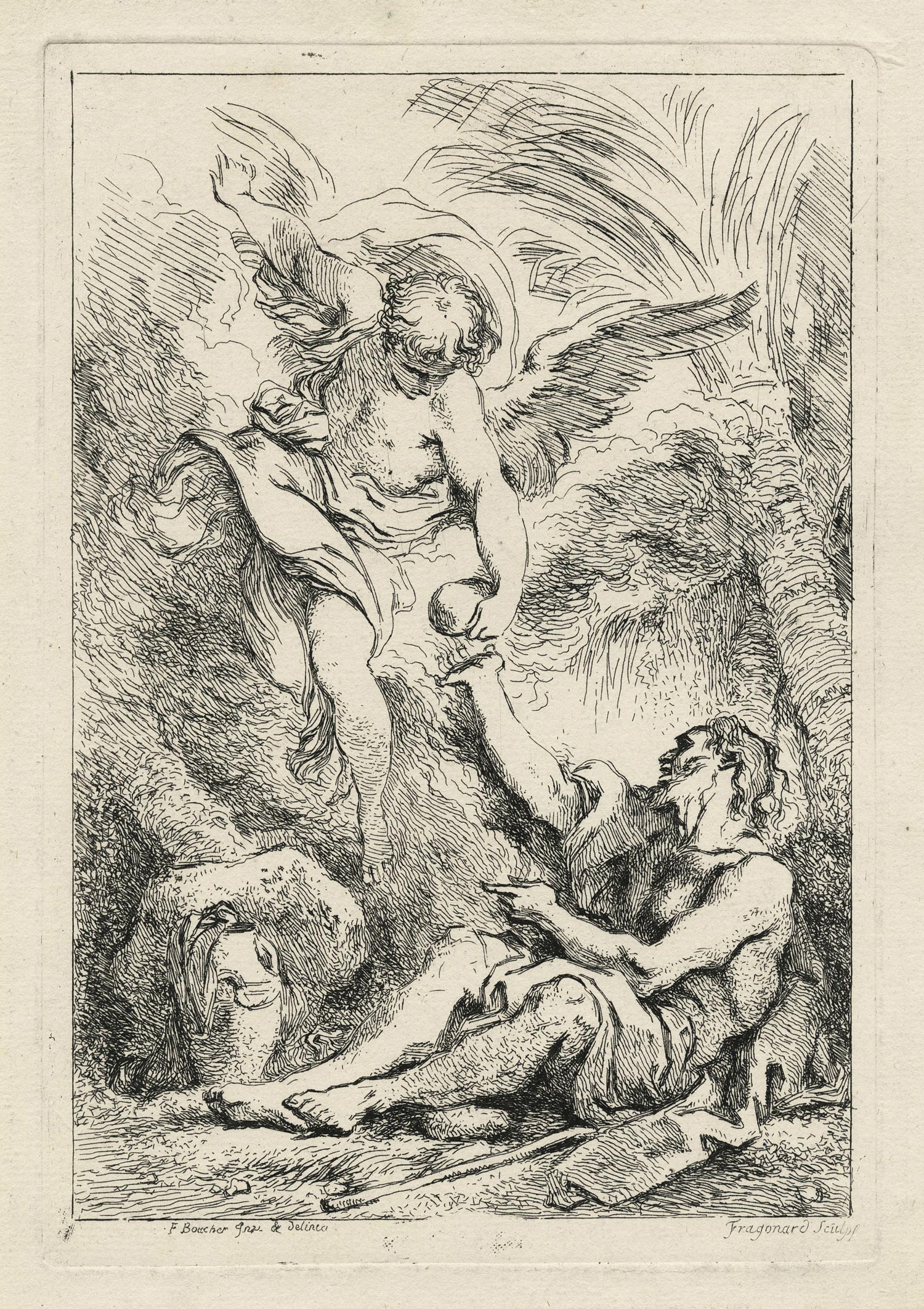 Jean-Honoré FRAGONARD, Saint ermite dans le désert, Gravure à l&rsquo;eau-forte d’après François Boucher, Galerie Paul Prouté Paris