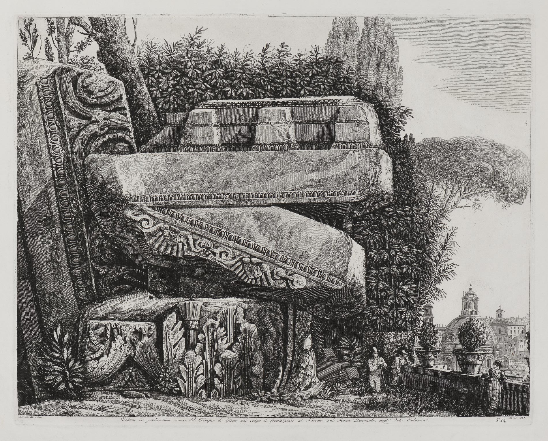 Luigi ROSSINI, Veduta di Grandiosissimi avanzi del Tiempo di Giove, 1820, Planche 14 de la suite intitulée Le Antichità Romane, 1823., Galerie Paul Prouté Paris