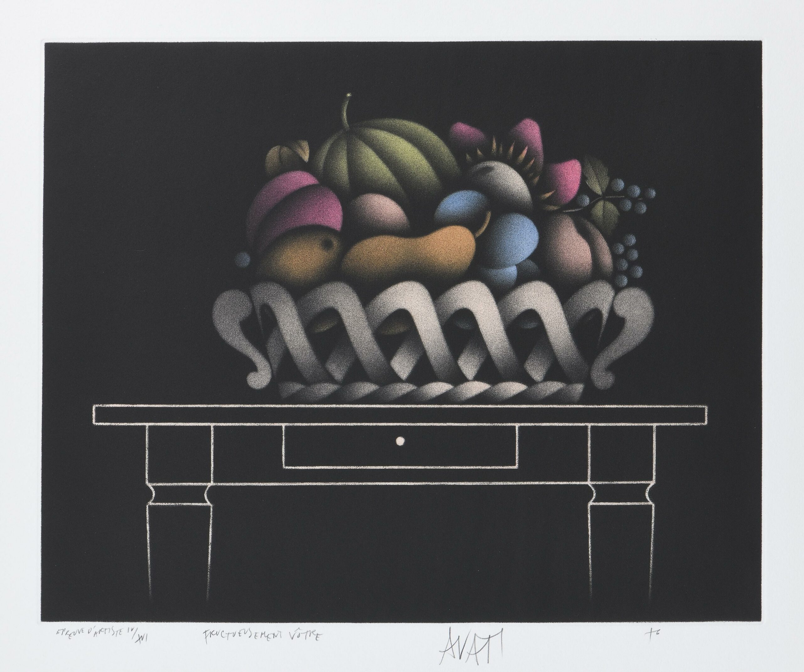 Mario AVATI, Fructueusement vôtre, 1976, Ensemble préparatoire composé de trois épreuves, deux feuilles de nuancier et deux plaques de cuivre :, Galerie Paul Prouté Paris