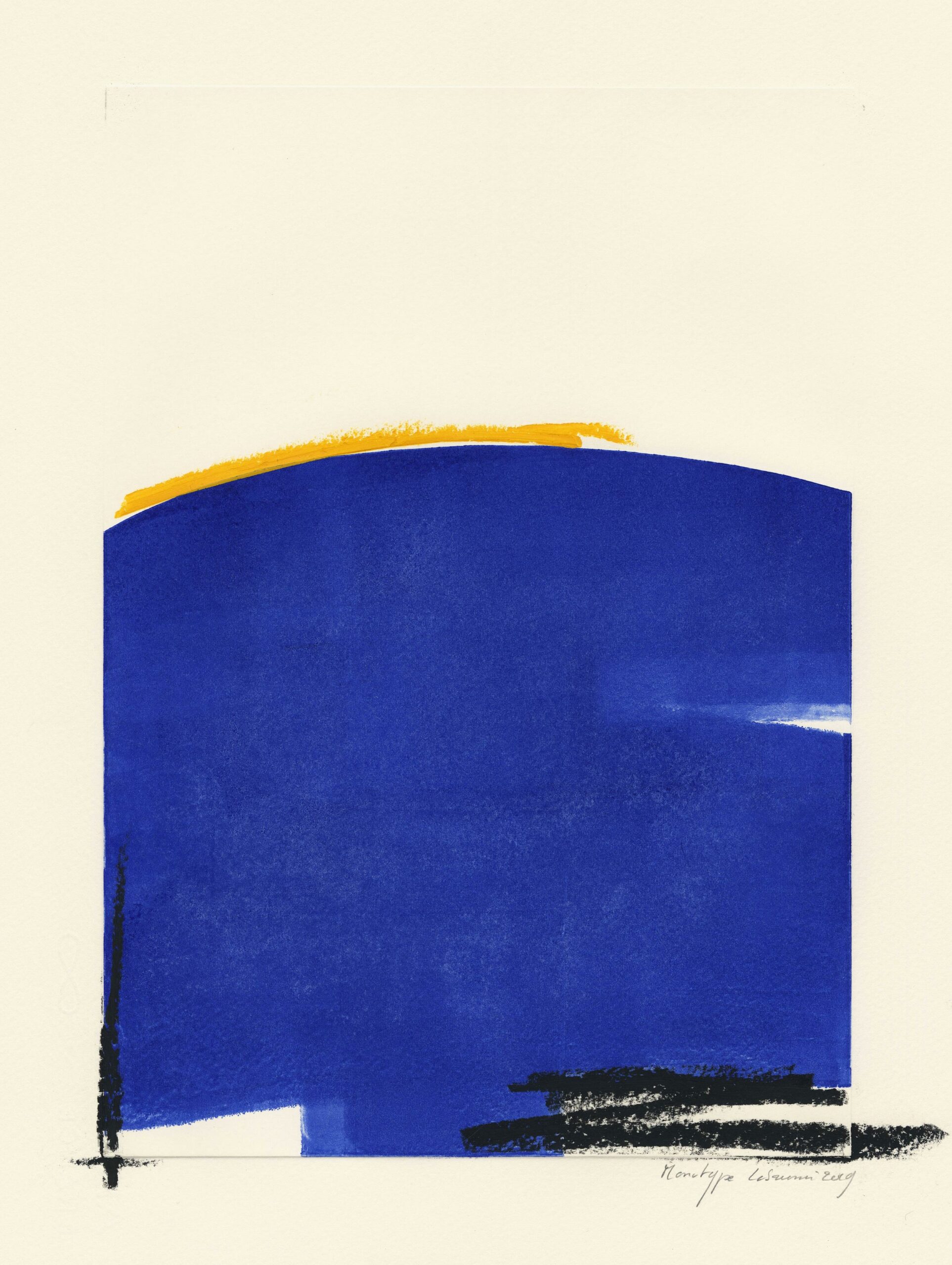 Anne-Flore LABRUNIE, Sans titre (composition en bleu, noir et jaune), 2019, Monotype rehaussé au fusain, Galerie Paul Prouté Paris