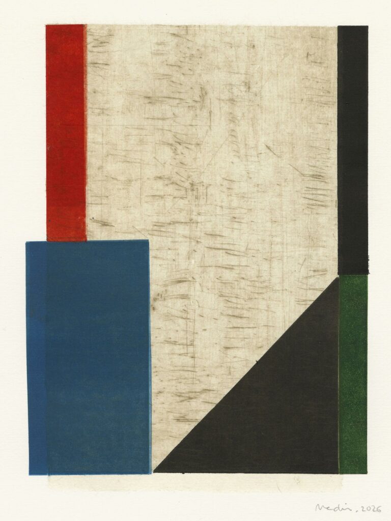 Medir – Geometría fosilizada (composition en bleu, rouge, vert et noir)