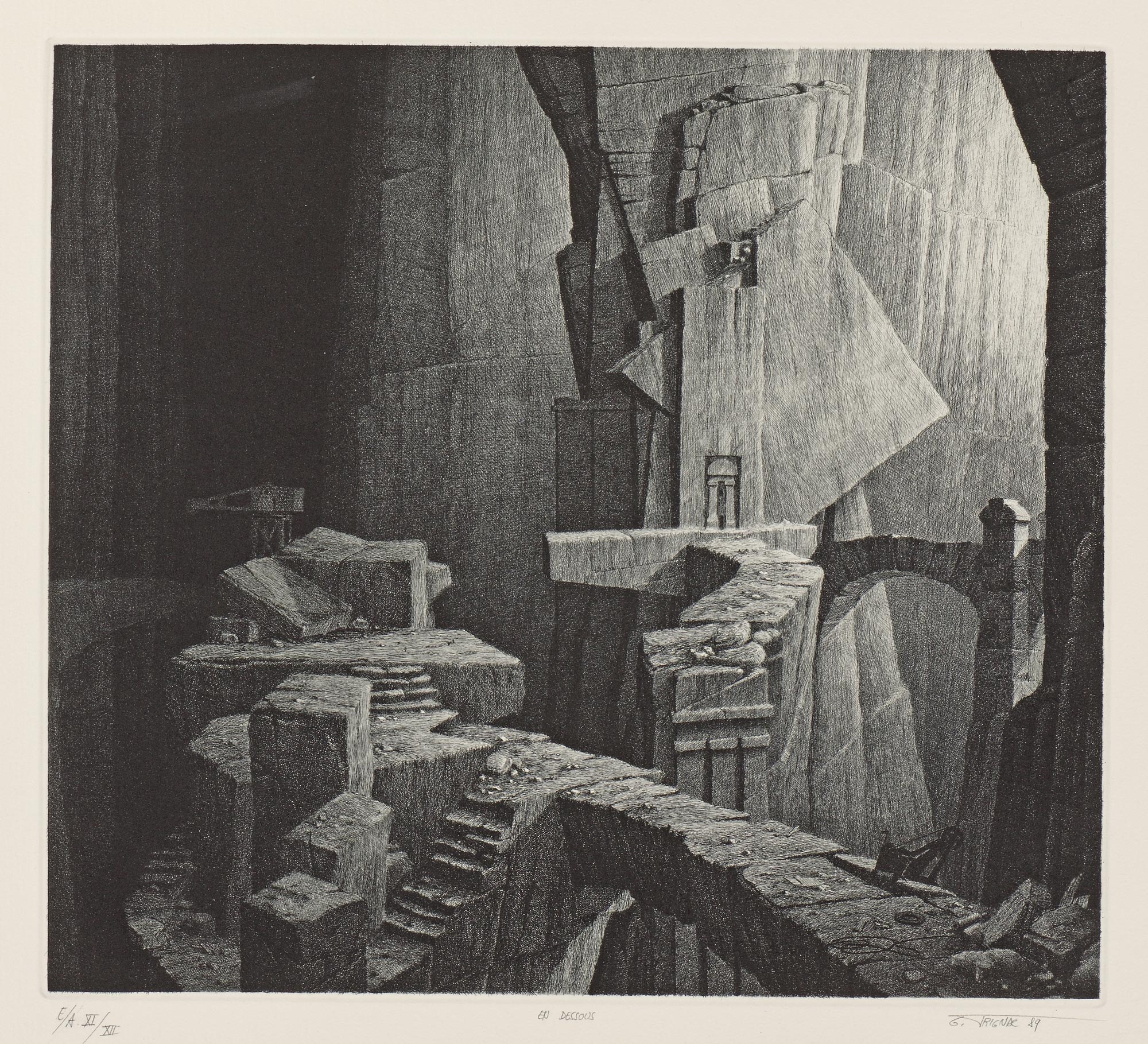 Gérard TRIGNAC, En dessous, 1989, Gravure originale à l&rsquo;eau-forte, au burin et à la pointe sèche, Galerie Paul Prouté Paris