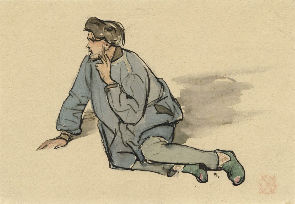 Gavarni – Homme en blouse bleue assis au sol (autoportrait présumé)