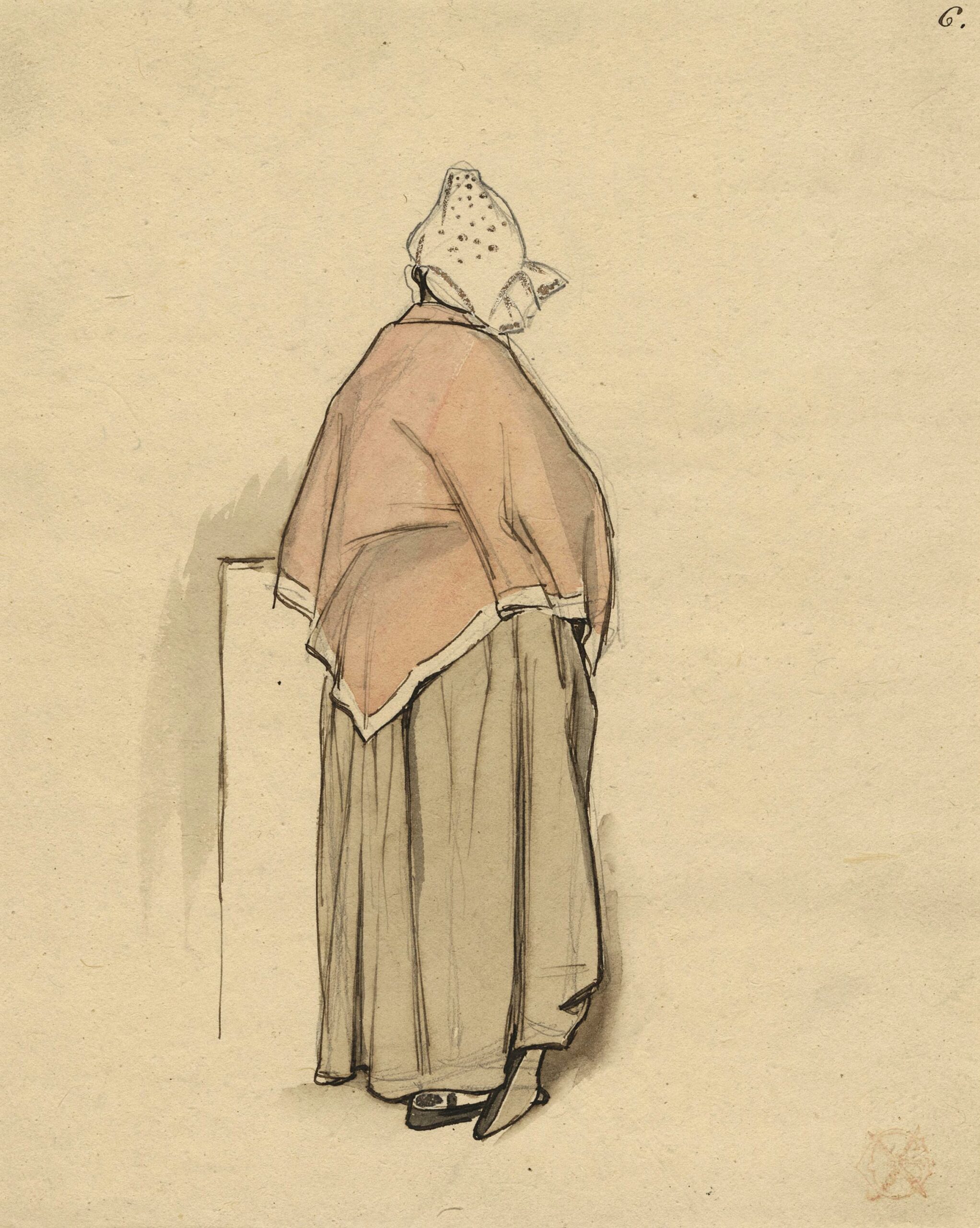 Sulpice Guillaume CHEVALIER dit Paul GAVARNI, Femme de dos, Aquarelle, plume et encre brune sur traits de crayon noir, rehauts de gouache, Galerie Paul Prouté Paris