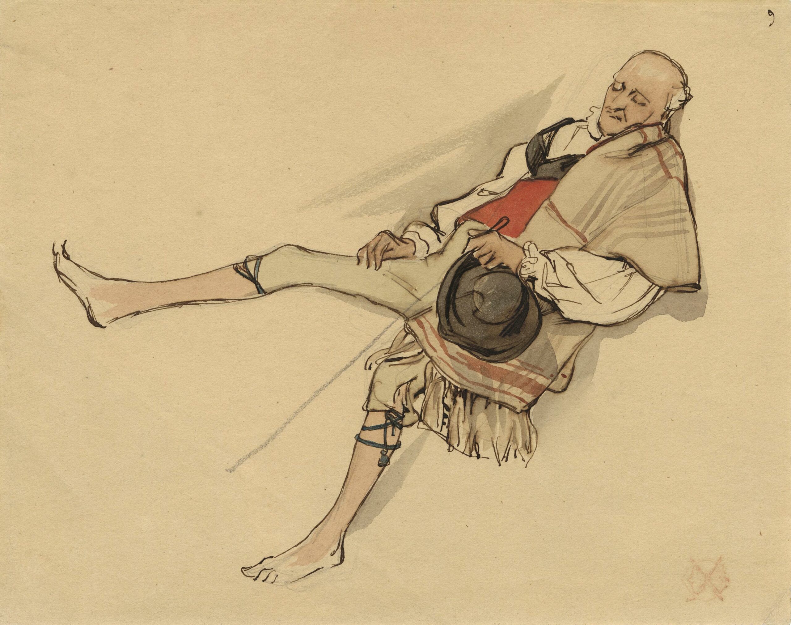 Sulpice Guillaume CHEVALIER dit Paul GAVARNI, Vieil homme assoupi, Aquarelle, plume et encre brune, sur traits de crayon noir, Galerie Paul Prouté Paris