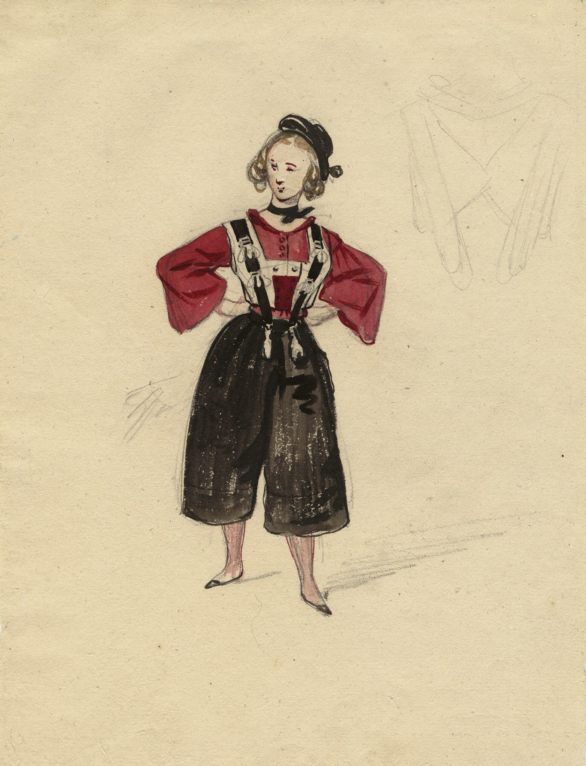 Sulpice Guillaume CHEVALIER dit Paul GAVARNI, Femme en costume, Aquarelle, plume et encre de Chine sur traits de crayon noir, Galerie Paul Prouté Paris