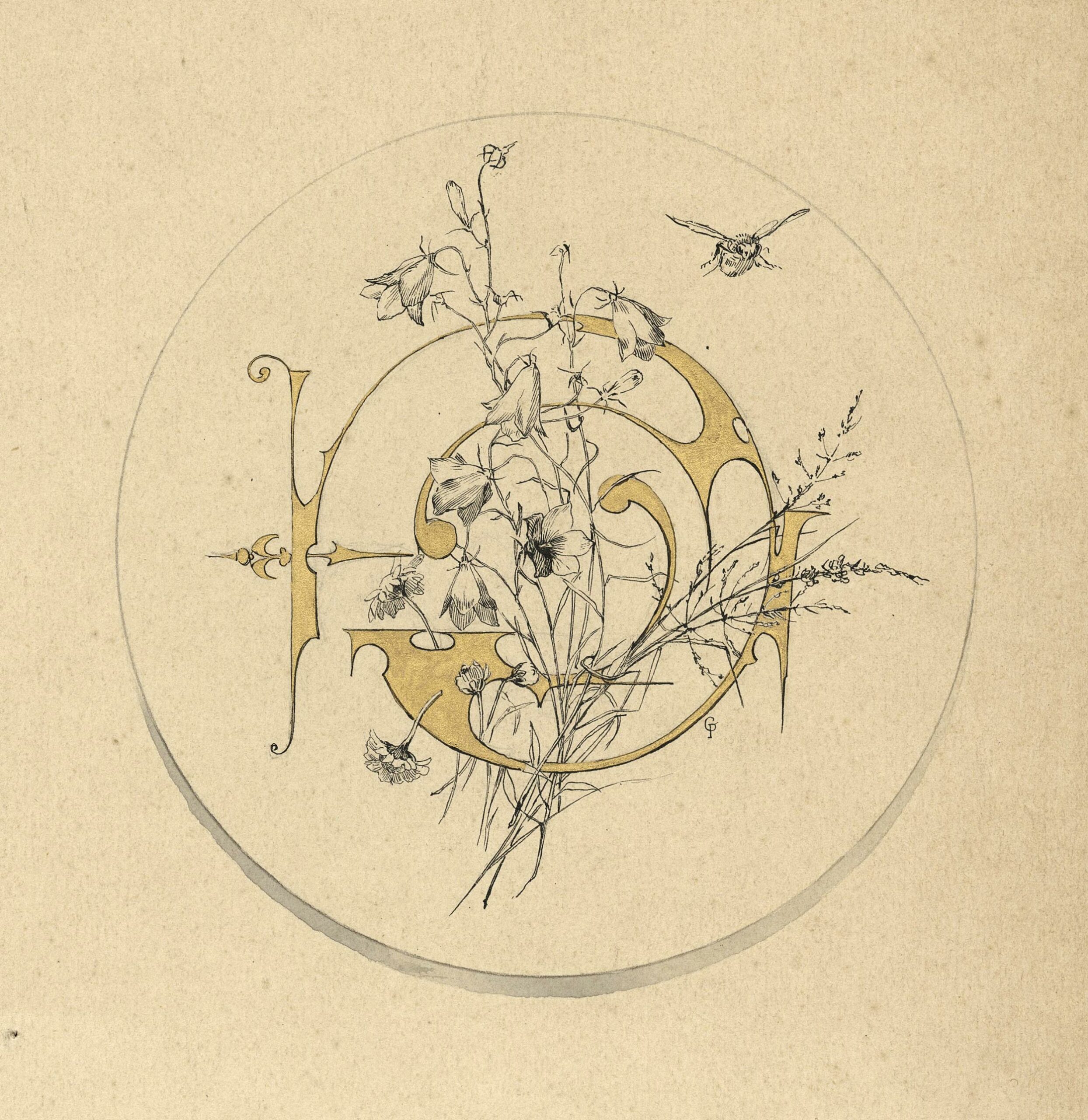 Paul GRANDHOMME, Médaillon à décor floral, Plume et encre de Chine, aquarelle et peinture dorée sur préparation au crayon noir sur papier crème, Galerie Paul Prouté Paris