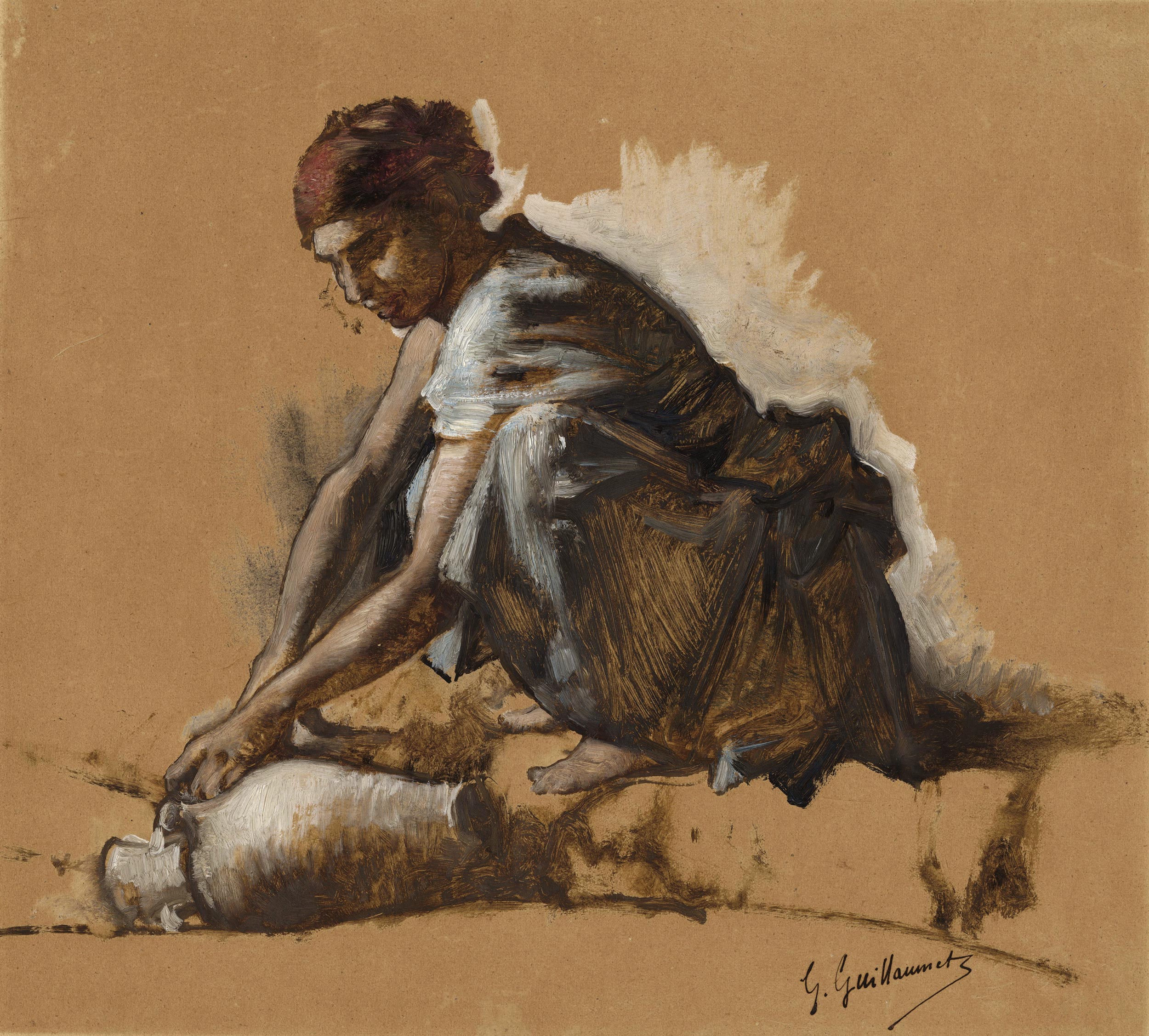Gustave Achille GUILLAUMET, Femme à la cruche, 1884, Huile et gouache sur papier calque contrecollé, Galerie Paul Prouté Paris
