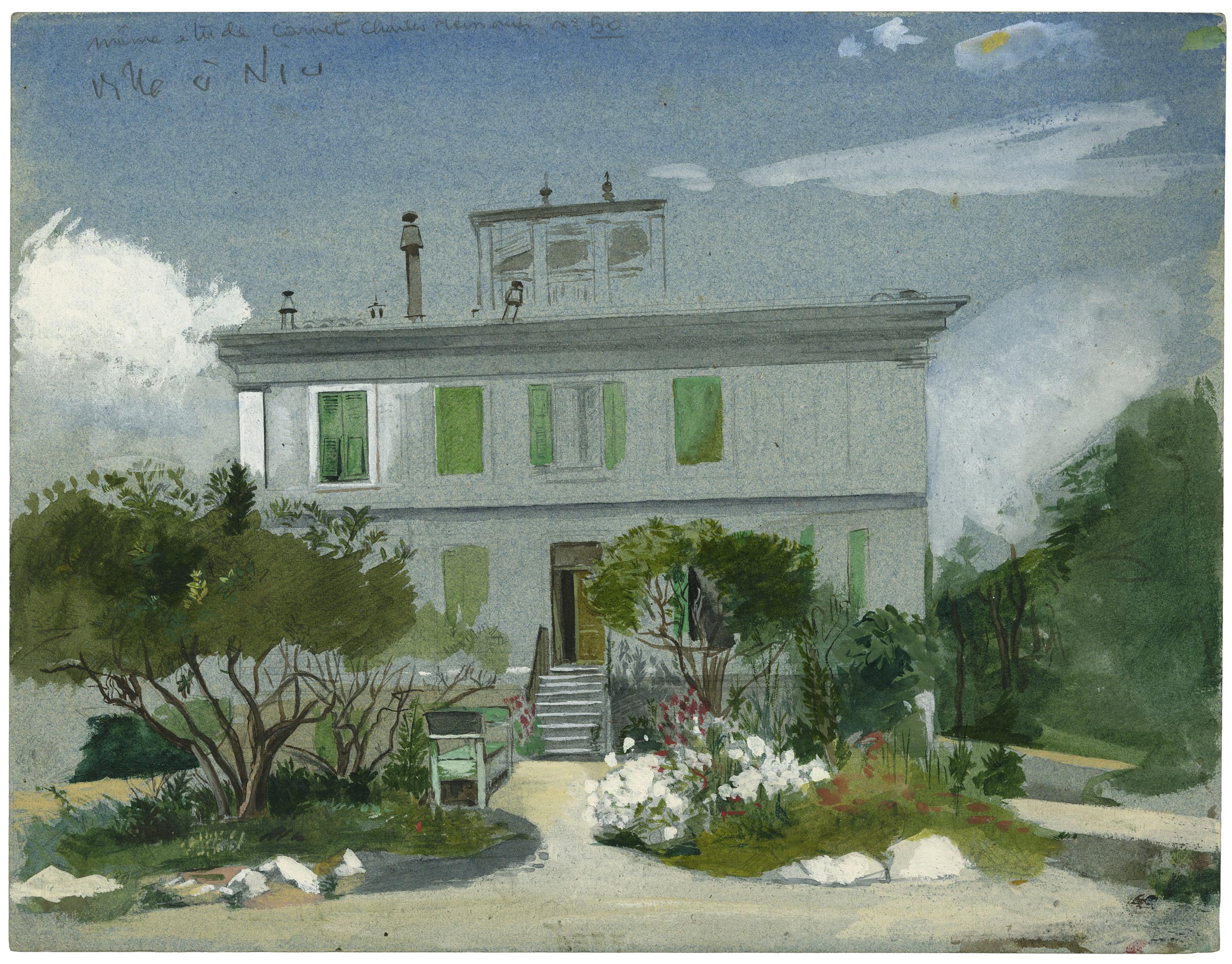 Gustave MÉQUILLET, Villa in Nice, Aquarelle sur traits de crayon noir et rehauts à la gouache sur papier bleu, Galerie Paul Prouté Paris