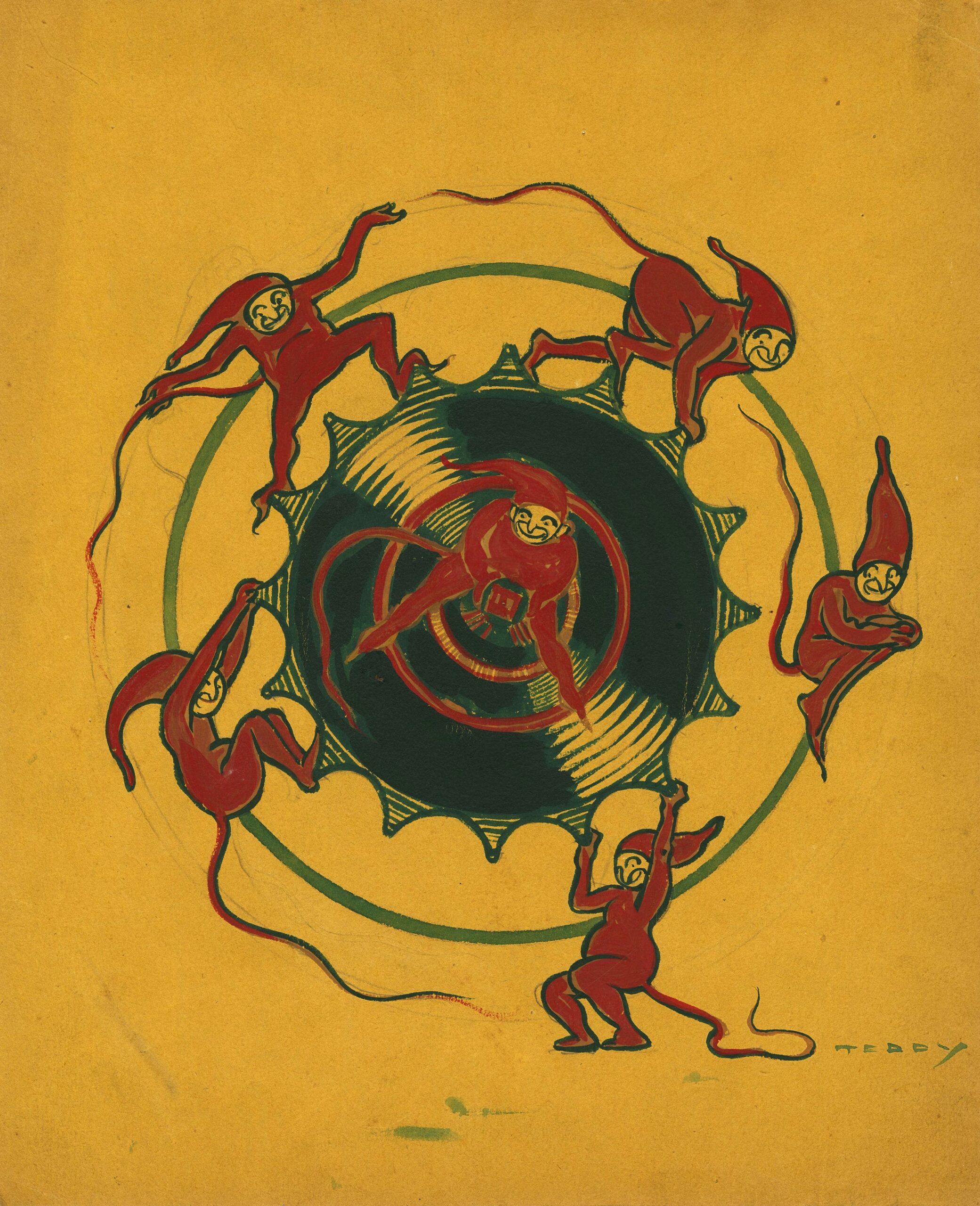 Édouard Saunier, Goblins with a wheel, Gouache sur traits de crayon noir sur papier jaune, Galerie Paul Prouté Paris