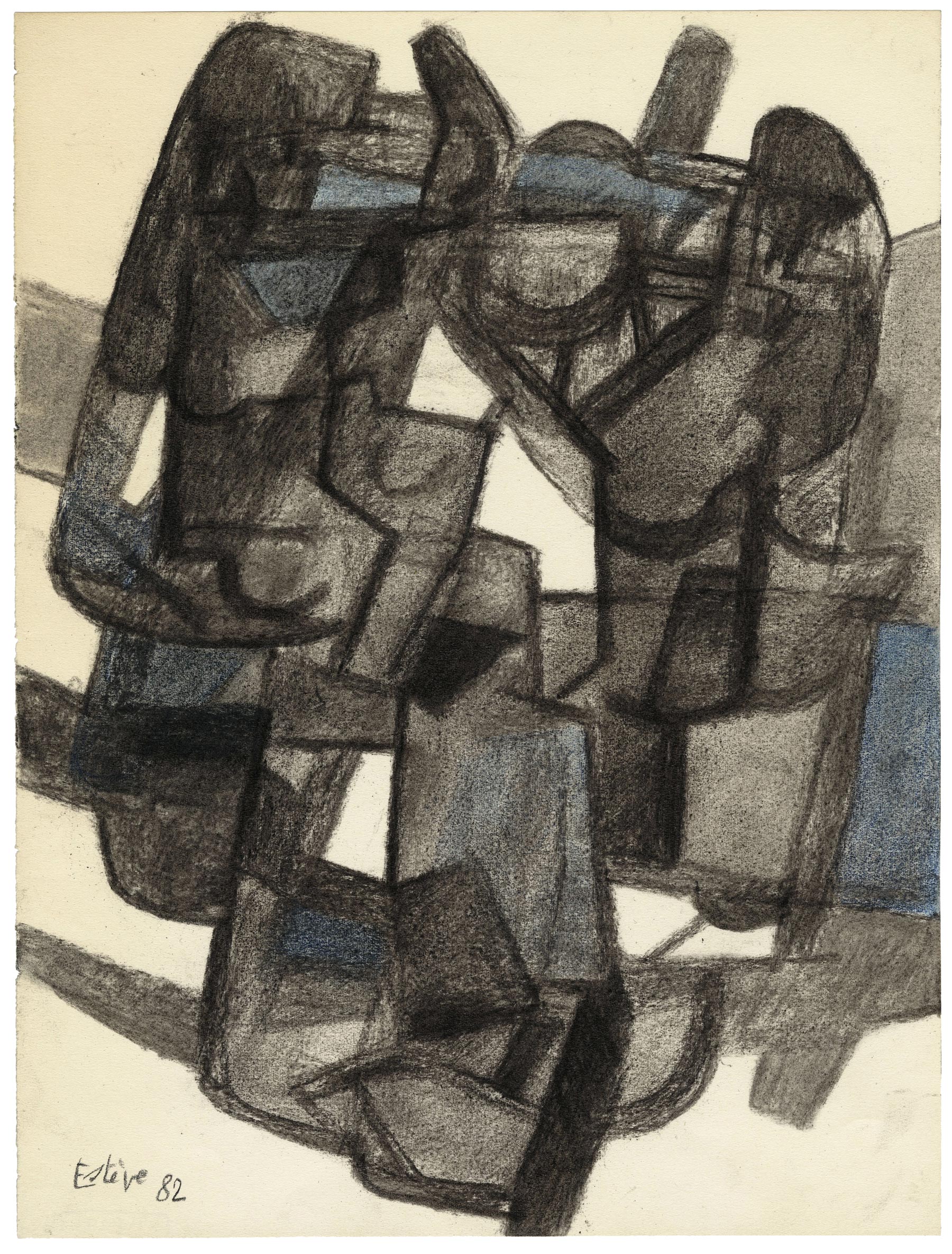 Maurice ESTÈVE, D. 2124, 1982, Fusain et crayons de couleur sur papier jaune, Galerie Paul Prouté Paris