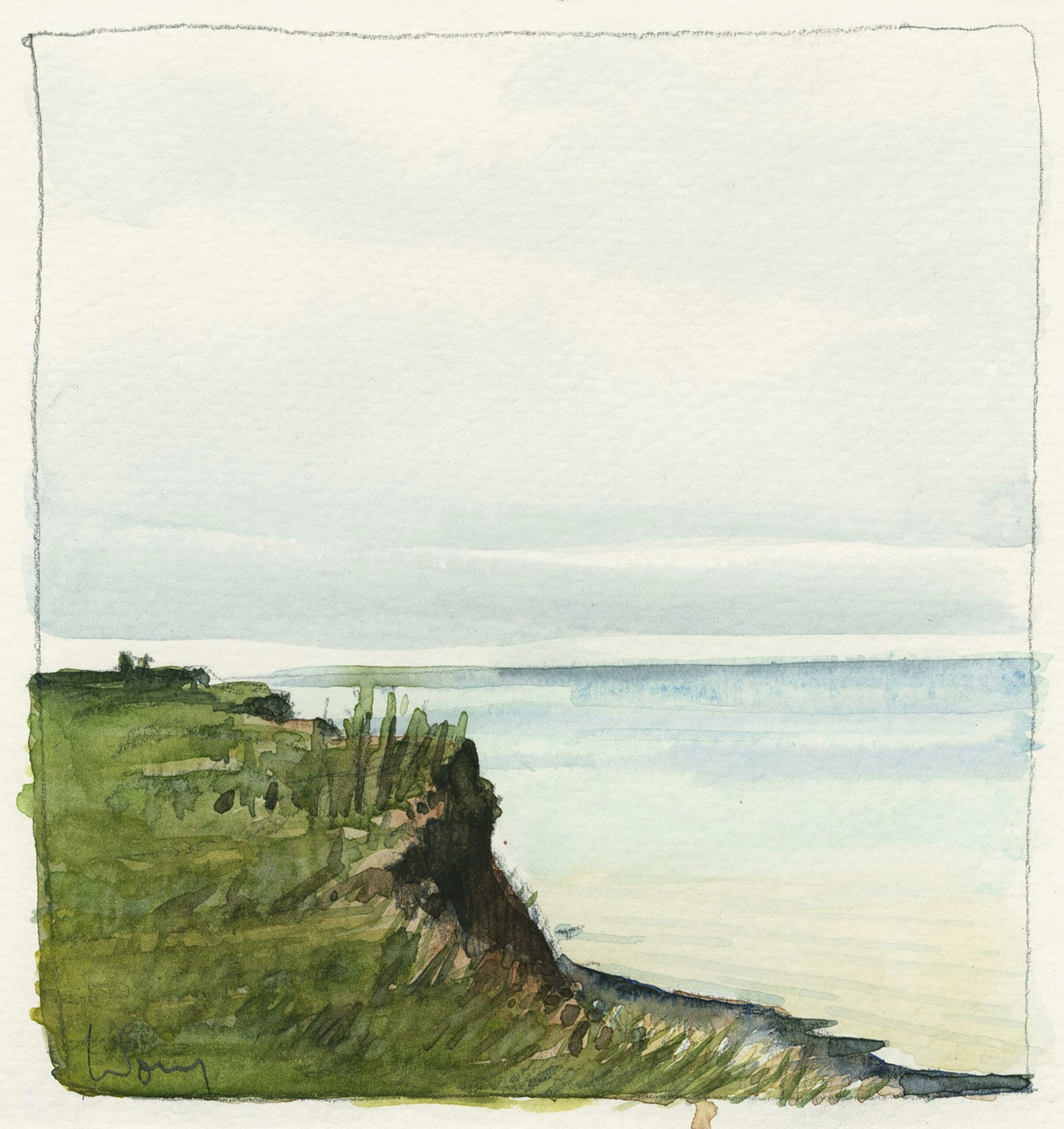 Laurent LETOURMY, Cliffs in Yport, Normandy, Aquarelle, traits et encadrement au crayon noir, Galerie Paul Prouté Paris