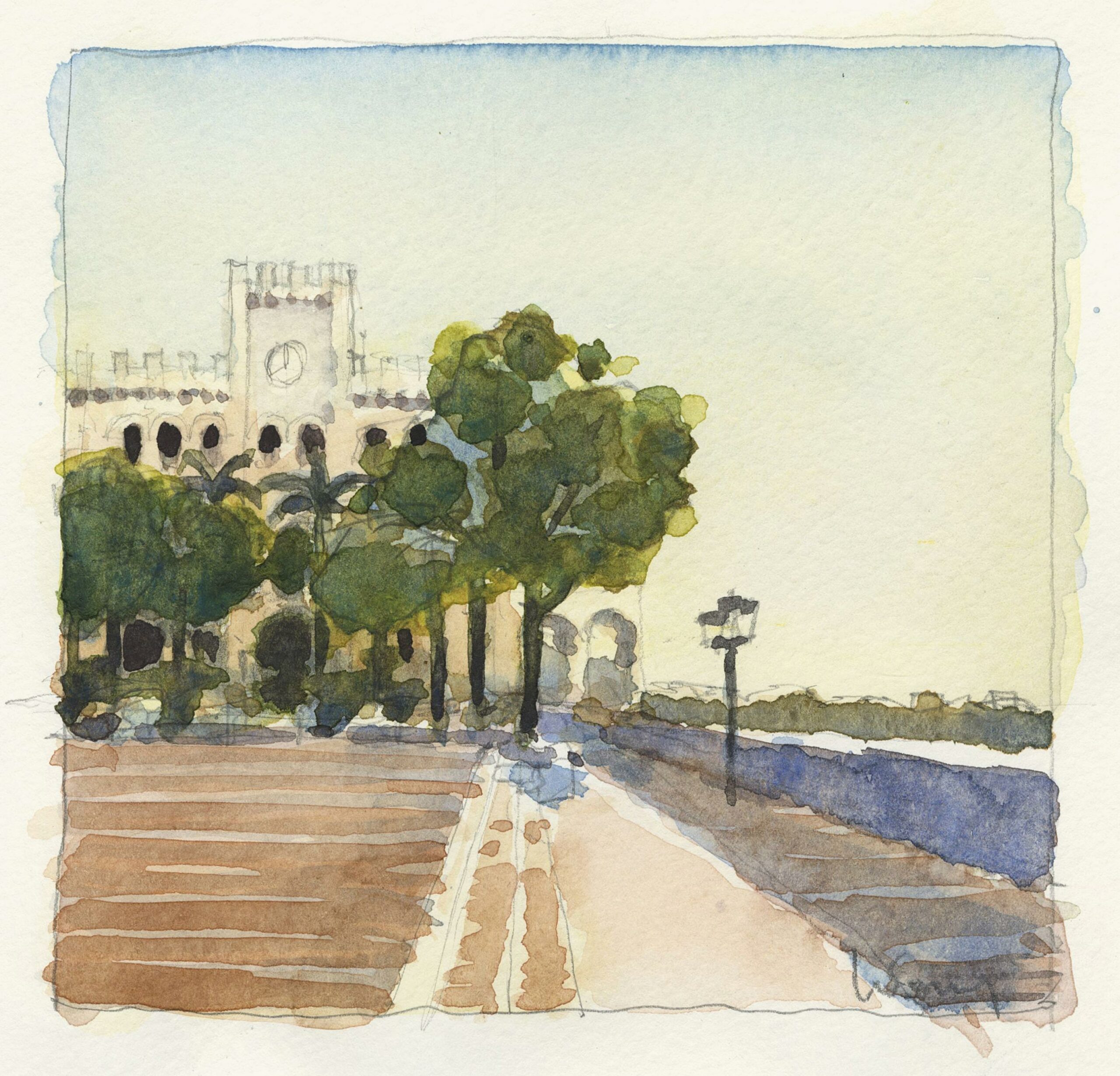 Laurent LETOURMY, Ciutadella City Hall, Menorca, 2023, Aquarelle, traits et encadrement au crayon noir, Galerie Paul Prouté Paris